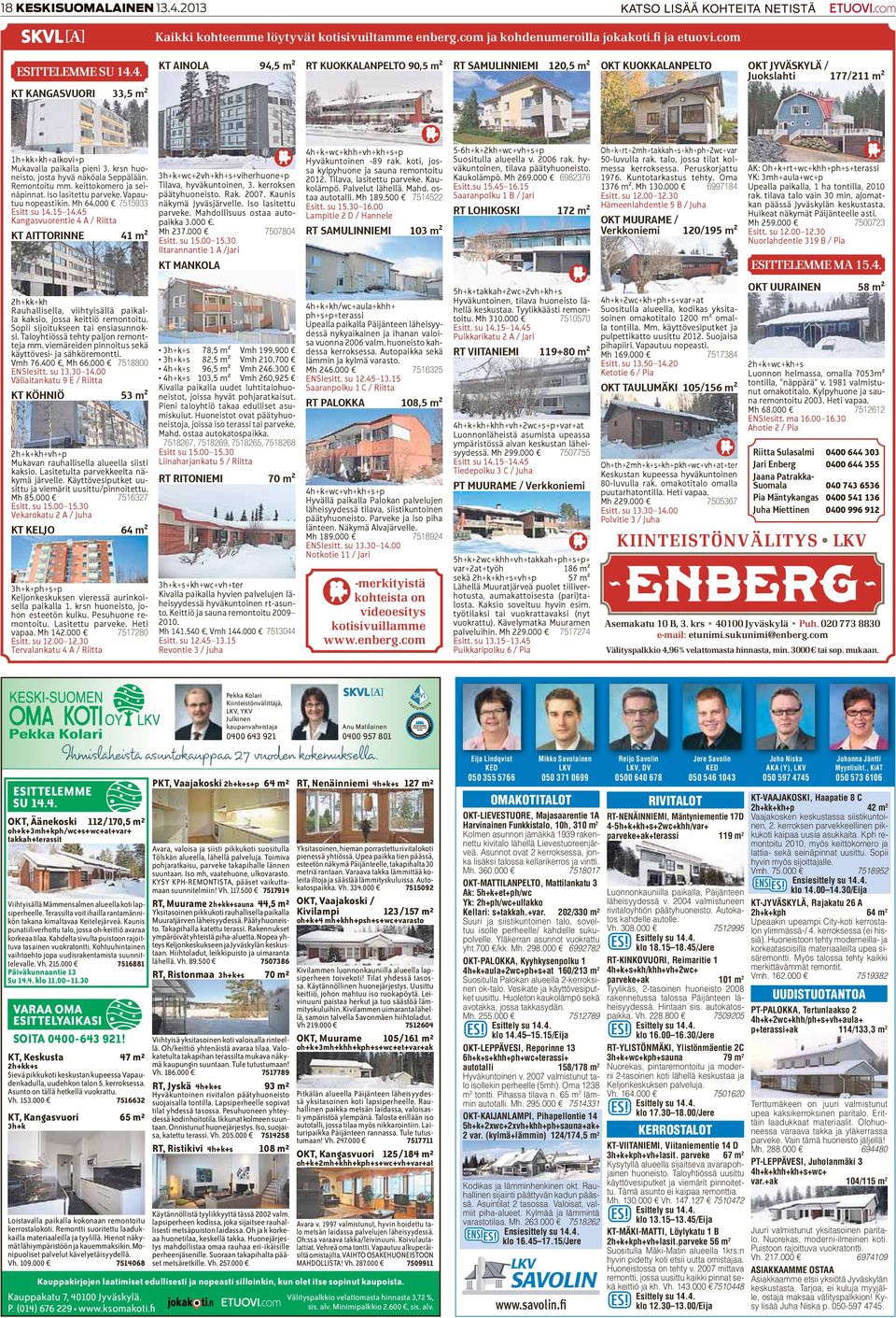 4. KT KANGASVUORI 33,5 m² KT AINOLA 94,5 m² RT KUOKKALANPELTO 90,5 m² RT SAMULINNIEMI 10,5 m² OKT KUOKKALANPELTO OKT JYVÄSKYLÄ / Juokslahti 177/11 m² 1h+kk+kh+alkovi+p Mukavalla paikalla pieni 3.