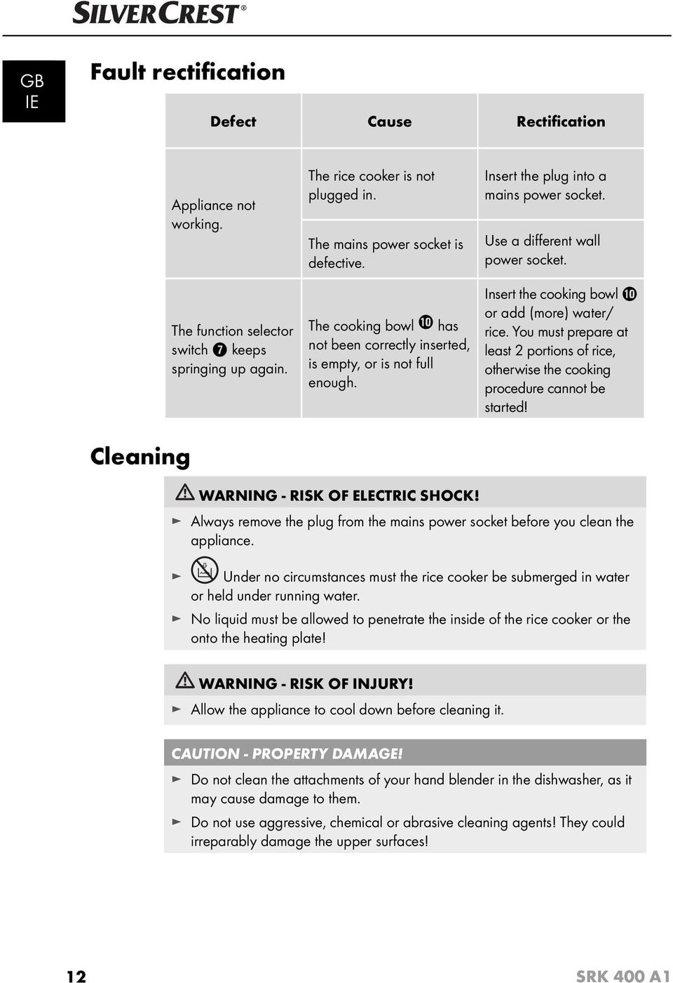 Insert the cooking bowl 0 or add (more) water/ rice. You must prepare at least 2 portions of rice, otherwise the cooking procedure cannot be started! Cleaning WARNING - RISK OF ELECTRIC SHOCK!