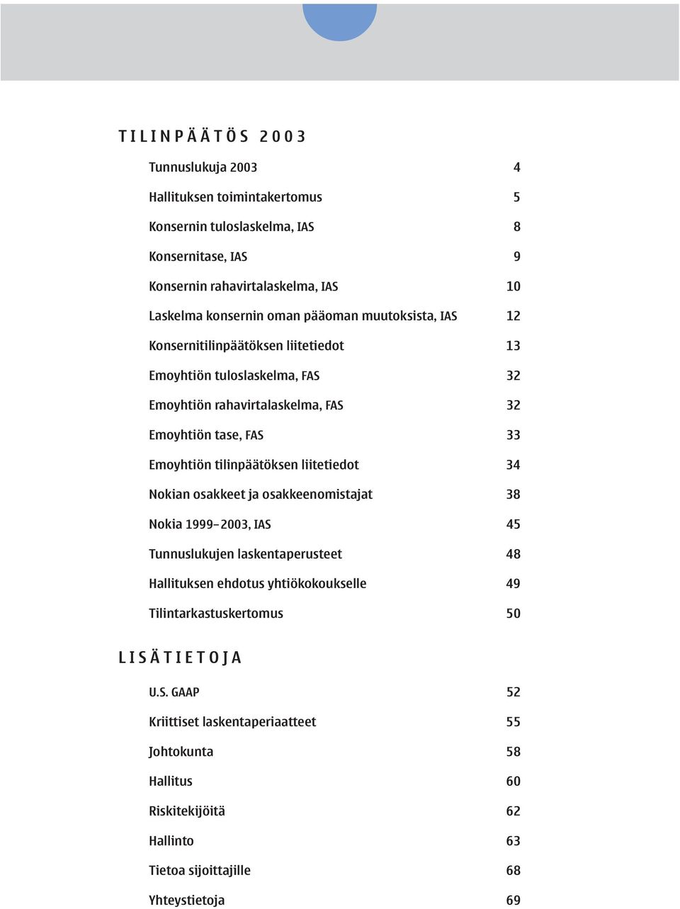 tilinpäätöksen liitetiedot 34 Nokian osakkeet ja osakkeenomistajat 38 Nokia 1999 2003, IAS 45 Tunnuslukujen laskentaperusteet 48 Hallituksen ehdotus yhtiökokoukselle 49