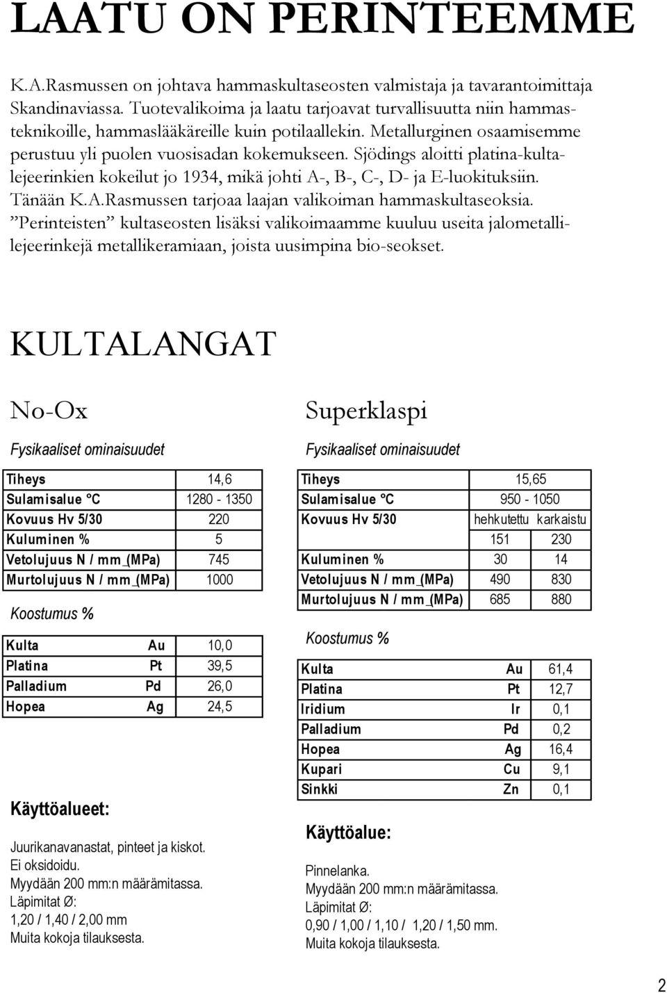 Sjödings aloitti platina-kultalejeerinkien kokeilut jo 1934, mikä johti A-, B-, C-, D- ja E-luokituksiin. Tänään K.A.Rasmussen tarjoaa laajan valikoiman hammaskultaseoksia.