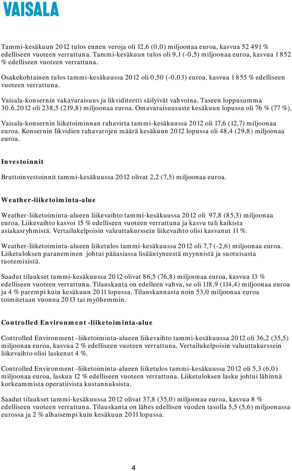 Osakekohtainen tulos tammi-kesäkuussa 2012 oli 0,50 (-0,03) euroa, kasvua 1 855 % edelliseen vuoteen verrattuna. Vaisala-konsernin vakavaraisuus ja likviditeetti säilyivät vahvoina.