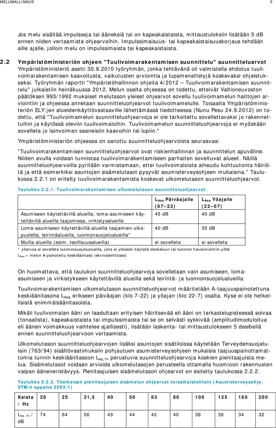 2 Ympäristöministeriön ohjeen "Tuulivoimarakentamisen suunnittelu" suunnitteluarvot Ympäristöministeriö asetti 30.9.