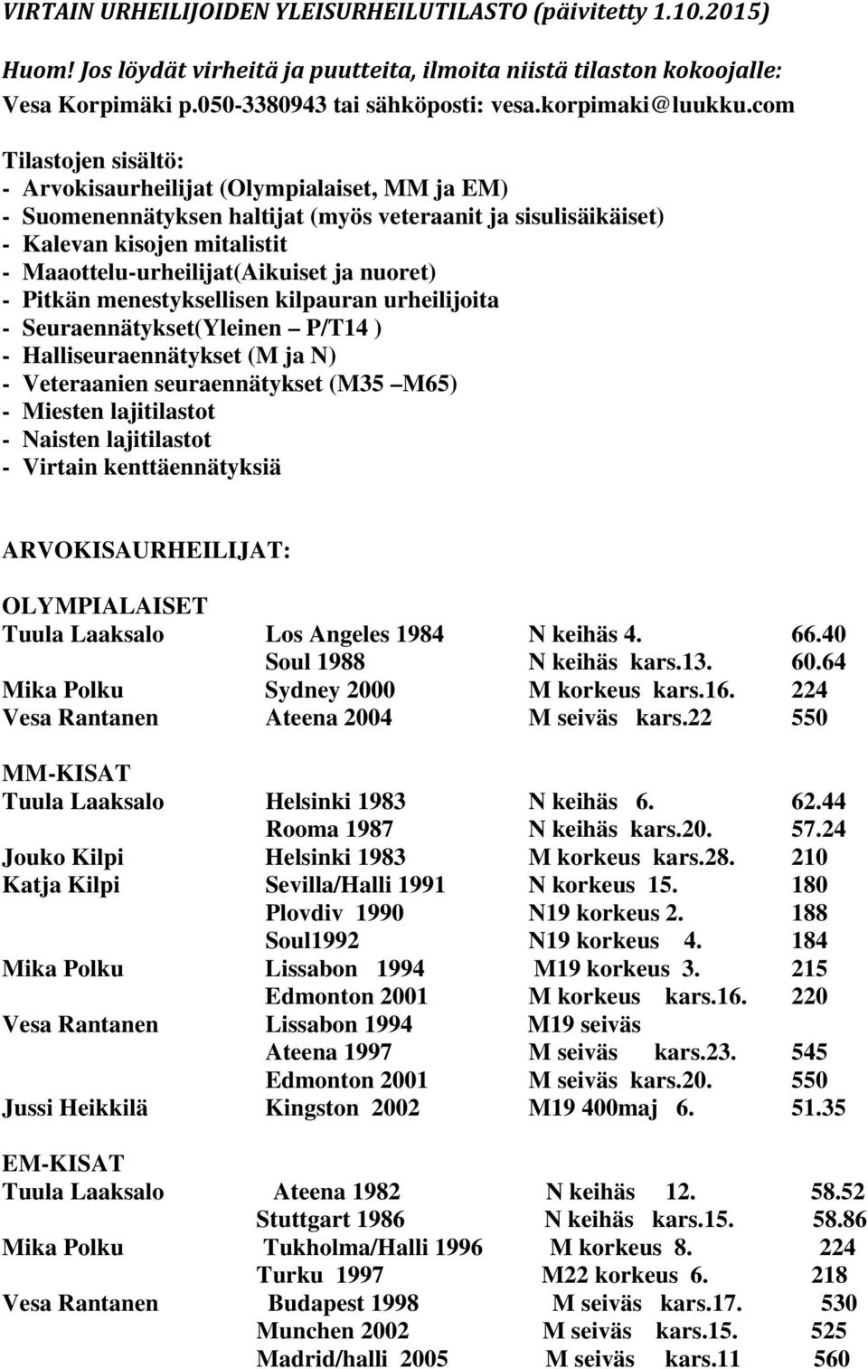 com Tilastojen sisältö: - Arvokisaurheilijat (Olympialaiset, MM ja EM) - Suomenennätyksen haltijat (myös veteraanit ja sisulisäikäiset) - Kalevan kisojen mitalistit - Maaottelu-urheilijat(Aikuiset ja