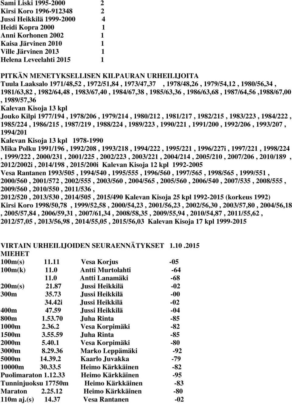 1987/64,56,1988/67,00, 1989/57,36 Kalevan Kisoja 13 kpl Jouko Kilpi 1977/194, 1978/206, 1979/214, 1980/212, 1981/217, 1982/215, 1983/223, 1984/222, 1985/224, 1986/215, 1987/219, 1988/224, 1989/223,