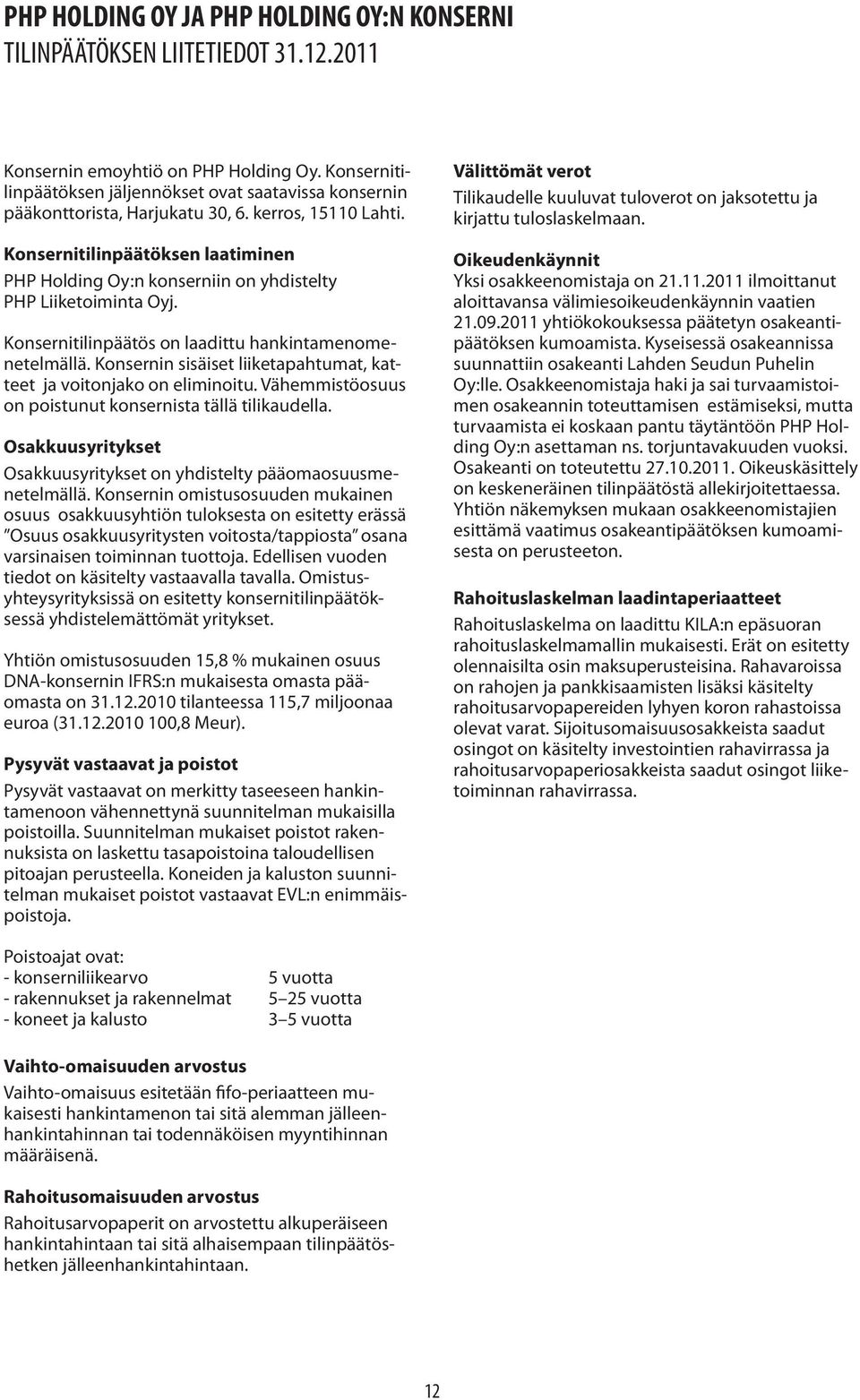 Konsernitilinpäätöksen laatiminen PHP Holding Oy:n konserniin on yhdistelty PHP Liiketoiminta Oyj. Konsernitilinpäätös on laadittu hankintamenomenetelmällä.