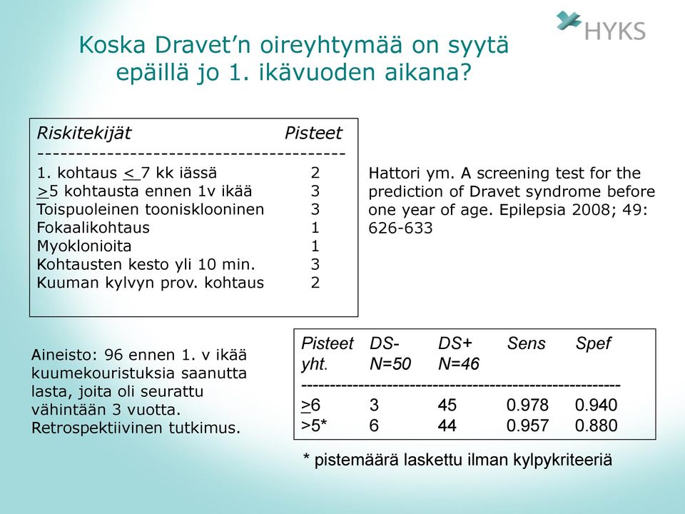 kohtaus 2 Hattori ym. A screening test for the prediction of Dravet syndrome before one year of age. Epilepsia 2008; 49: 626-633 Aineisto: 96 ennen 1.