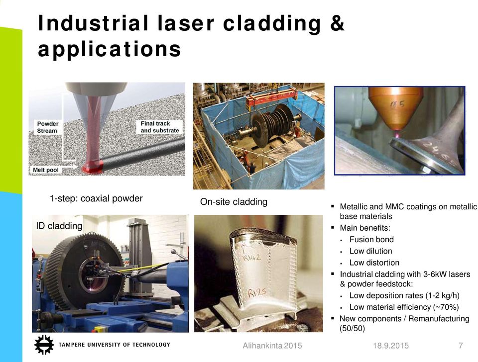 Low dilution Low distortion Industrial cladding with 3-6kW lasers & powder feedstock: Low