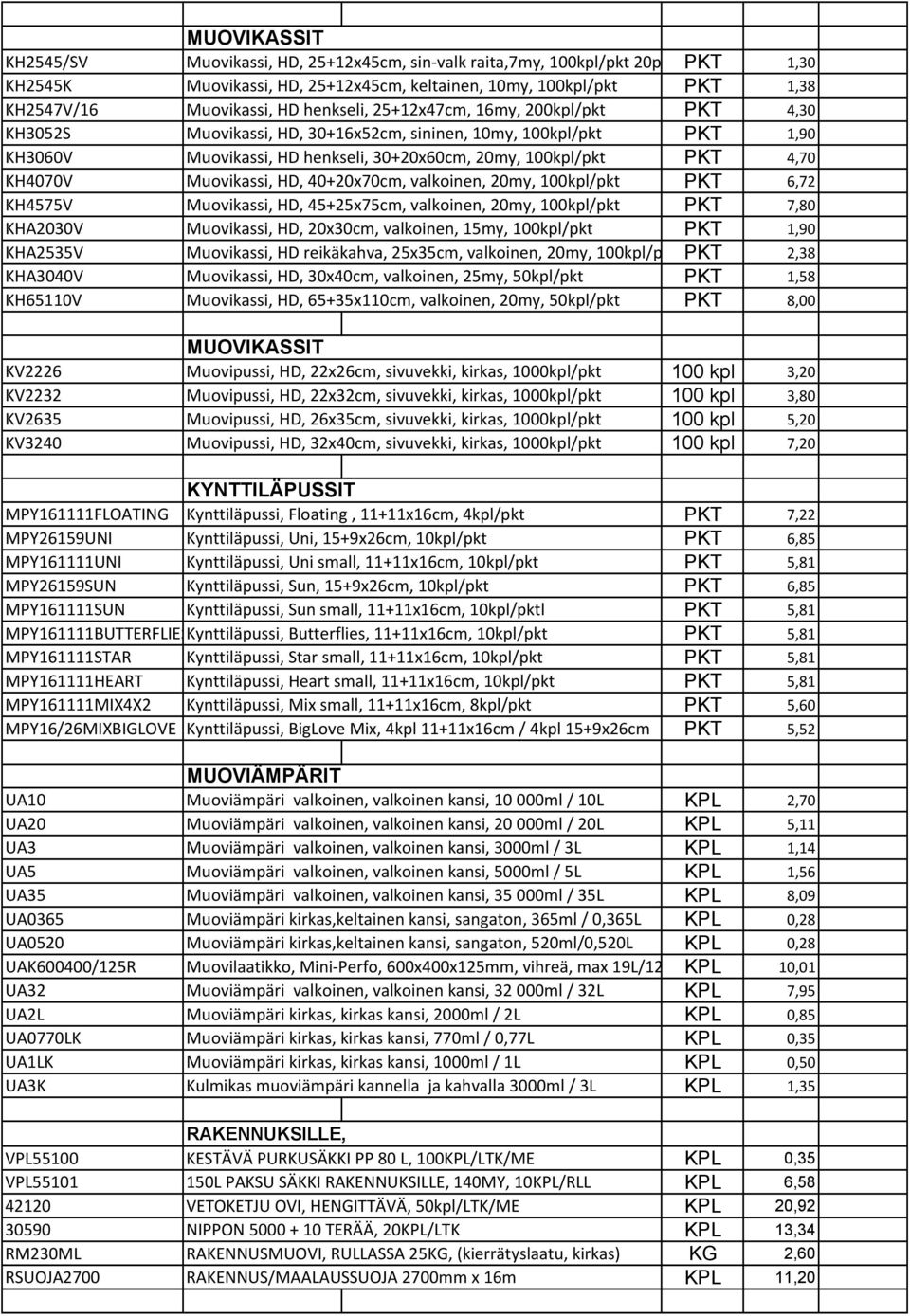 Muovikassi, HD, 40+20x70cm, valkoinen, 20my, 100kpl/pkt PKT 6,72 KH4575V Muovikassi, HD, 45+25x75cm, valkoinen, 20my, 100kpl/pkt PKT 7,80 KHA2030V Muovikassi, HD, 20x30cm, valkoinen, 15my, 100kpl/pkt