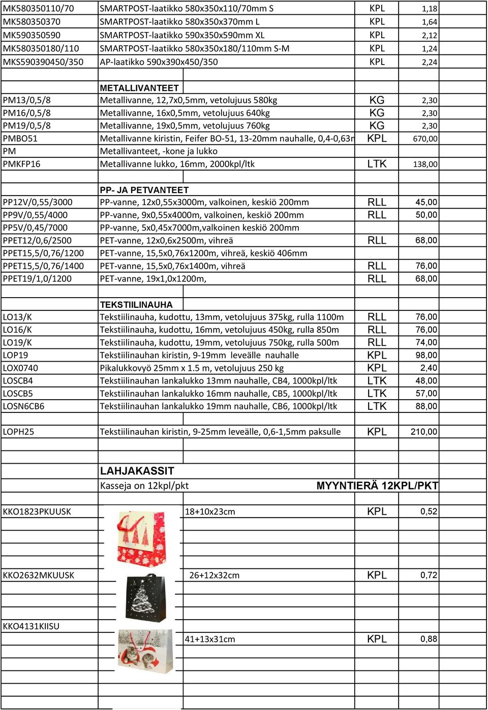 Metallivanne, 16x0,5mm, vetolujuus 640kg KG 2,30 PM19/0,5/8 Metallivanne, 19x0,5mm, vetolujuus 760kg KG 2,30 PMBO51 Metallivanne kiristin, Feifer BO-51, 13-20mm nauhalle, 0,4-0,63mm KPL 670,00 PM