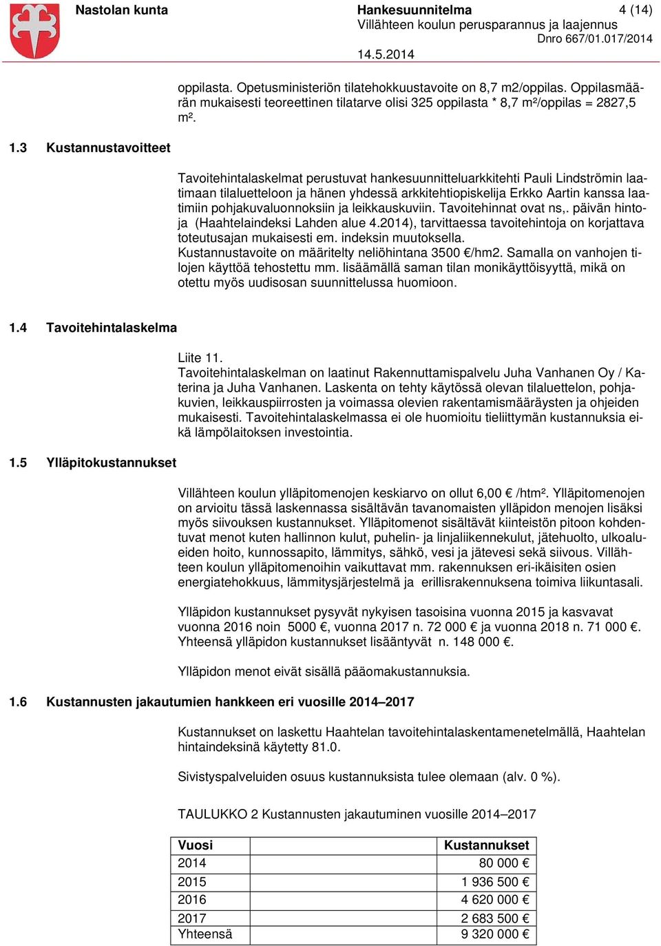 Tavoitehintalaskelmat perustuvat hankesuunnitteluarkkitehti Pauli Lindströmin laatimaan tilaluetteloon ja hänen yhdessä arkkitehtiopiskelija Erkko Aartin kanssa laatimiin pohjakuvaluonnoksiin ja