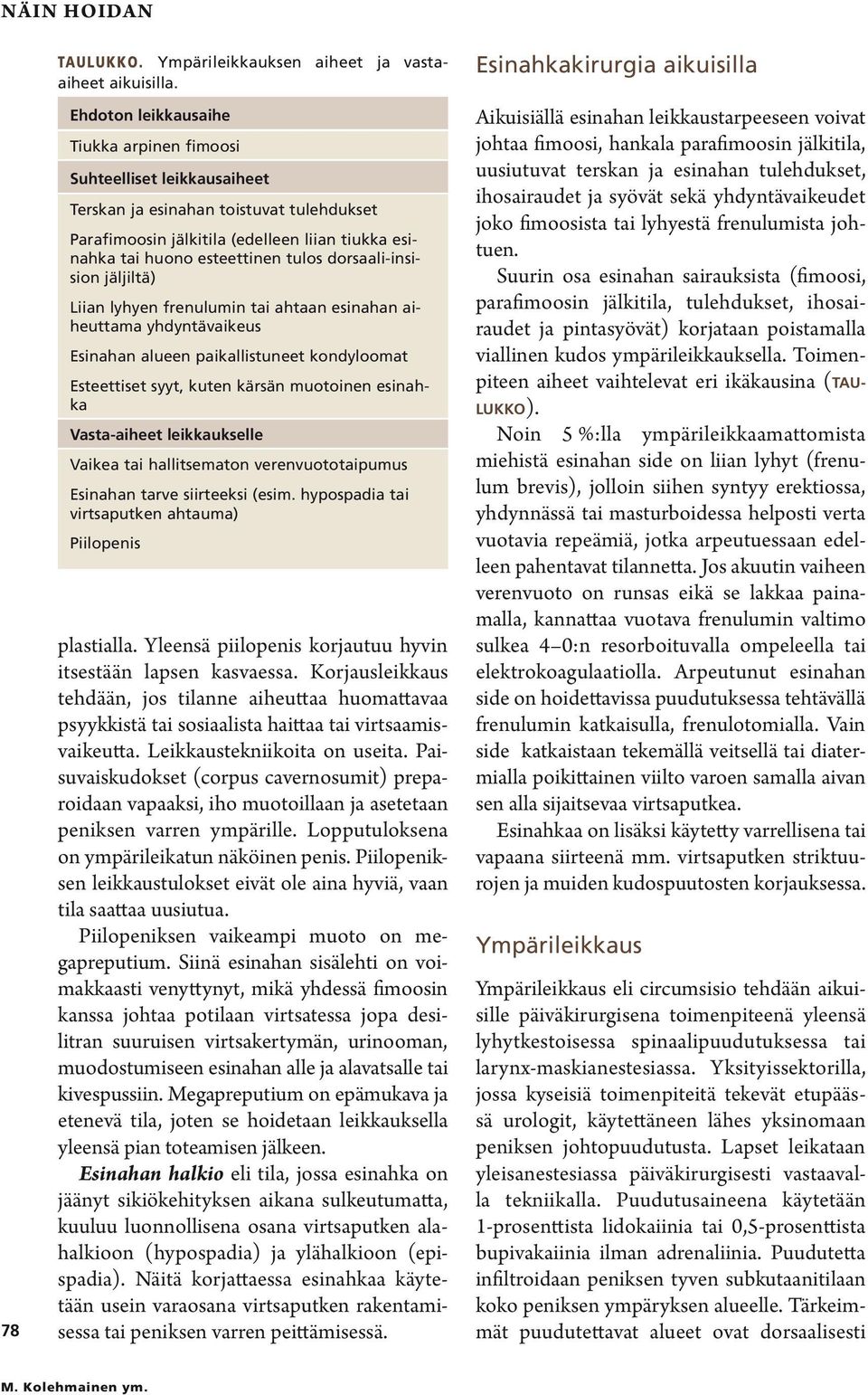 dorsaali-insision jäljiltä) Liian lyhyen frenulumin tai ahtaan esinahan aiheuttama yhdyntävaikeus Esinahan alueen paikallistuneet kondyloomat Esteettiset syyt, kuten kärsän muotoinen esinahka