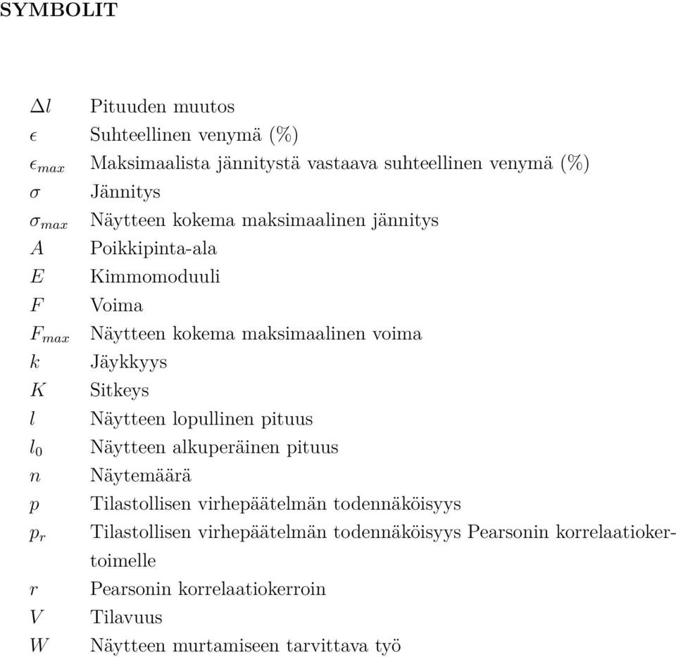 Jäykkyys Sitkeys Näytteen lopullinen pituus Näytteen alkuperäinen pituus Näytemäärä Tilastollisen virhepäätelmän todennäköisyys