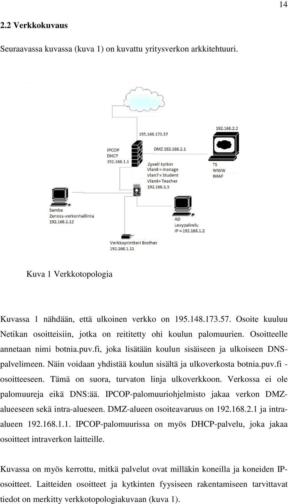 Näin voidaan yhdistää koulun sisältä ja ulkoverkosta botnia.puv.fi - osoitteeseen. Tämä on suora, turvaton linja ulkoverkkoon. Verkossa ei ole palomuureja eikä DNS:ää.