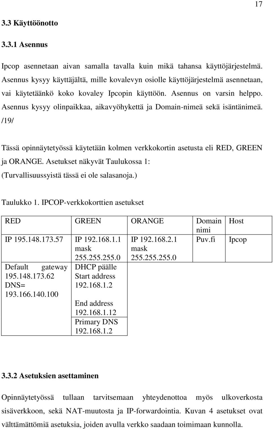 Asennus kysyy olinpaikkaa, aikavyöhykettä ja Domain-nimeä sekä isäntänimeä. /19/ Tässä opinnäytetyössä käytetään kolmen verkkokortin asetusta eli RED, GREEN ja ORANGE.