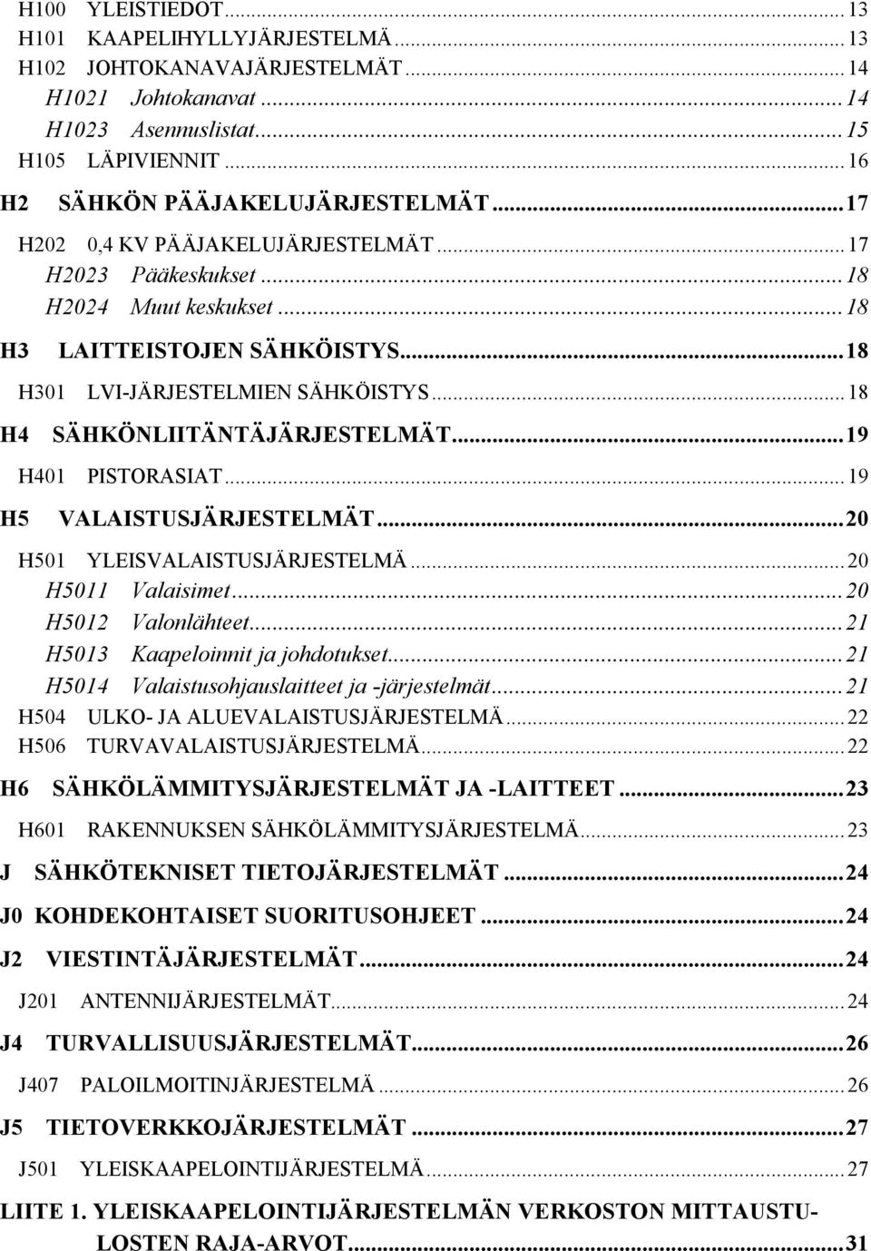 ..19 H5 H401 PISTORASIAT...19 VALAISTUSJÄRJESTELMÄT...20 H501 YLEISVALAISTUSJÄRJESTELMÄ...20 H5011 Valaisimet...20 H5012 Valonlähteet...21 H5013 Kaapeloinnit ja johdotukset.