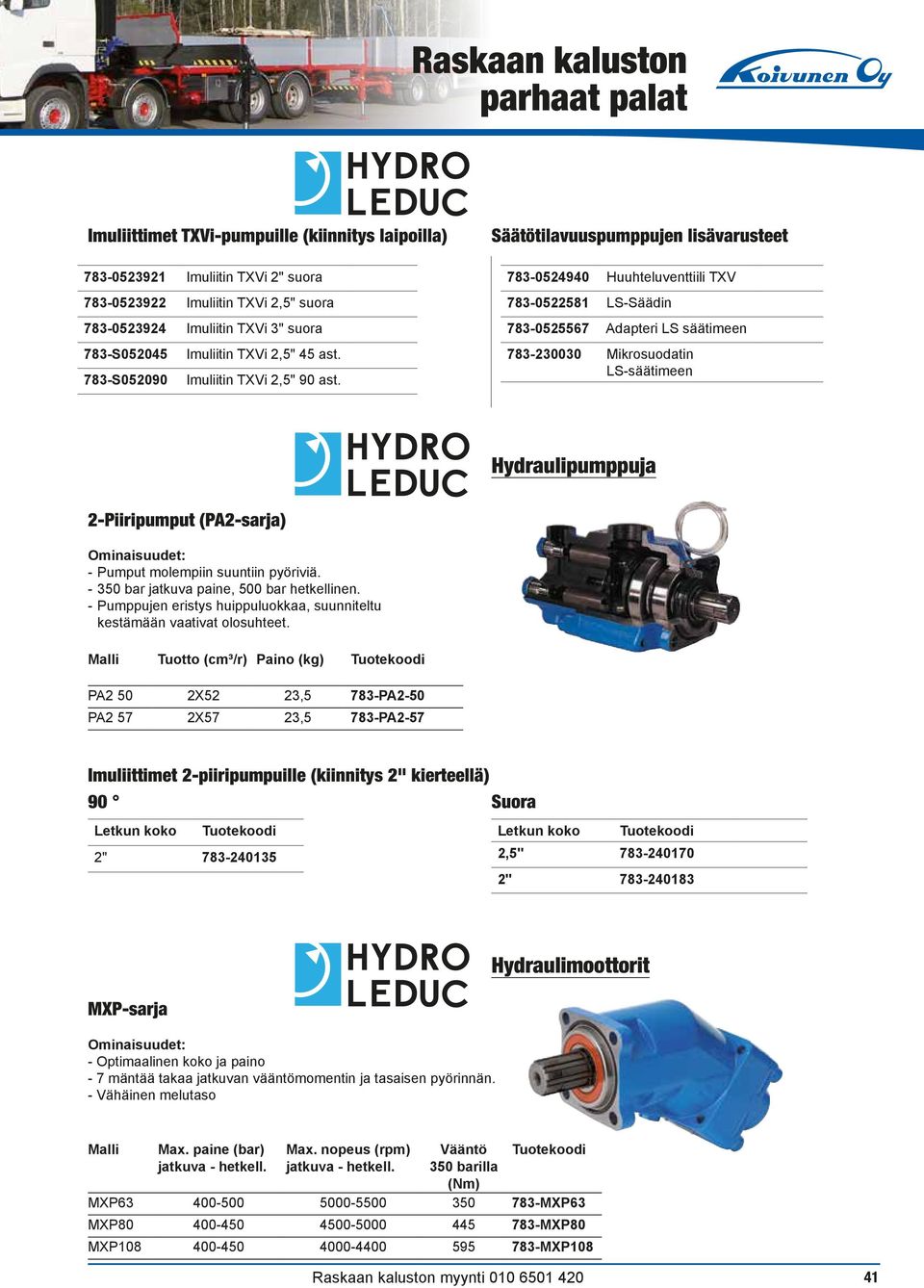 Säätötilavuuspumppujen lisävarusteet 783-0524940 Huuhteluventtiili TXV 783-0522581 LS-Säädin 783-0525567 Adapteri LS säätimeen 783-230030 Mikrosuodatin LS-säätimeen Hydraulipumppuja 2-Piiripumput