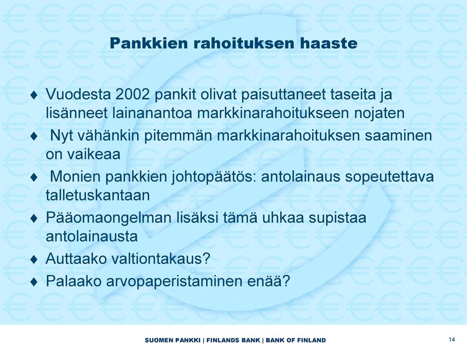 vaikeaa Monien pankkien johtopäätös: antolainaus sopeutettava talletuskantaan Pääomaongelman