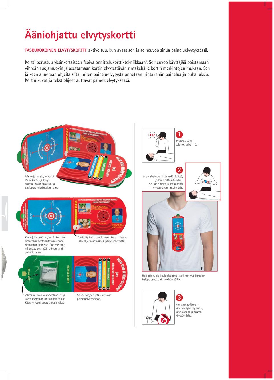 Sen jälkeen annetaan ohjeita siitä, miten paineluelvytystä annetaan: rintakehän painelua ja puhalluksia. Kortin kuvat ja tekstiohjeet auttavat paineluelvytyksessä. 1 Jos henkilö on tajuton, soita 112.