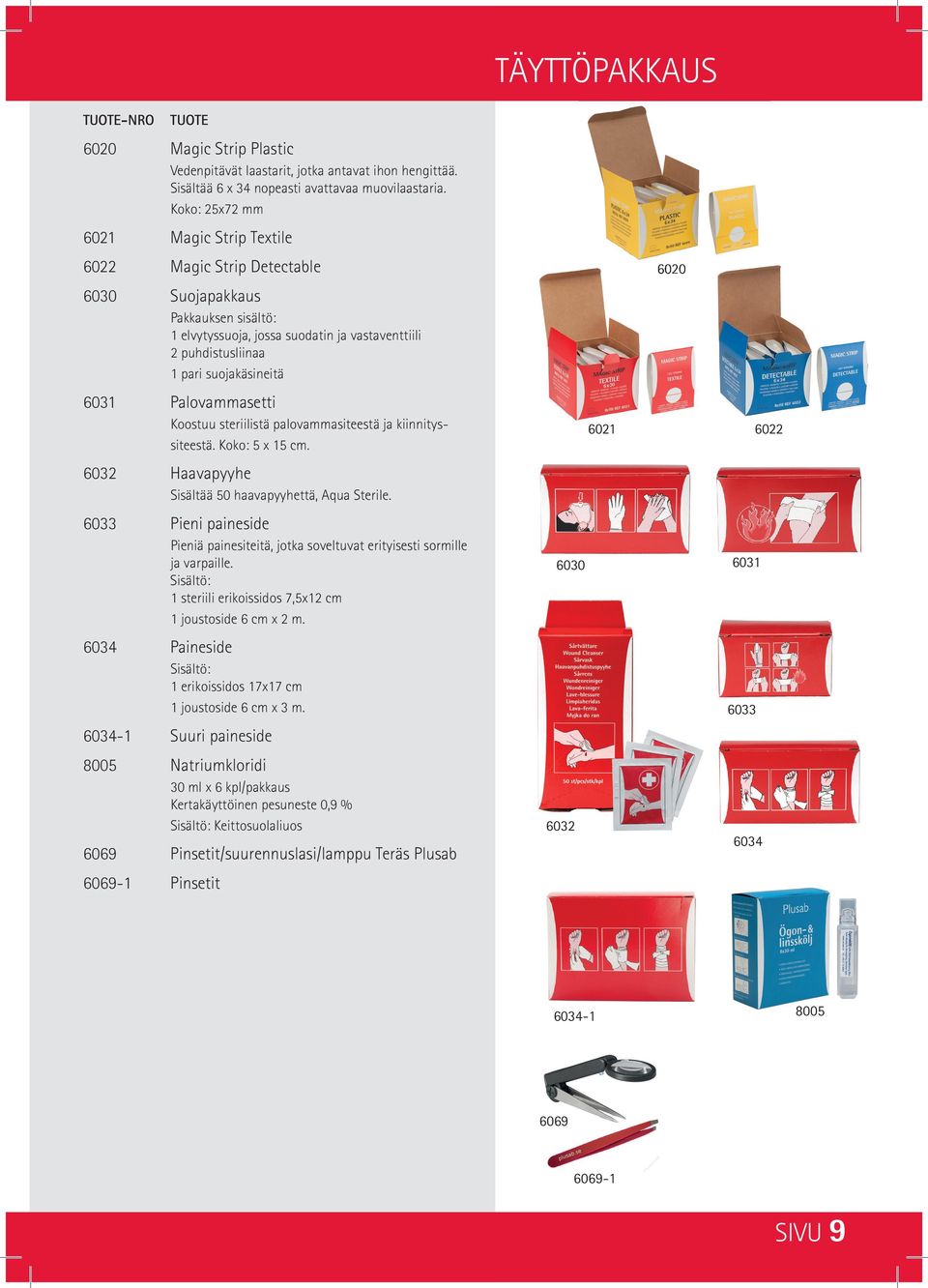Palovammasetti Koostuu steriilistä palovammasiteestä ja kiinnityssiteestä. Koko: 5 x 15 cm. 6032 Haavapyyhe Sisältää 50 haavapyyhettä, Aqua Sterile.