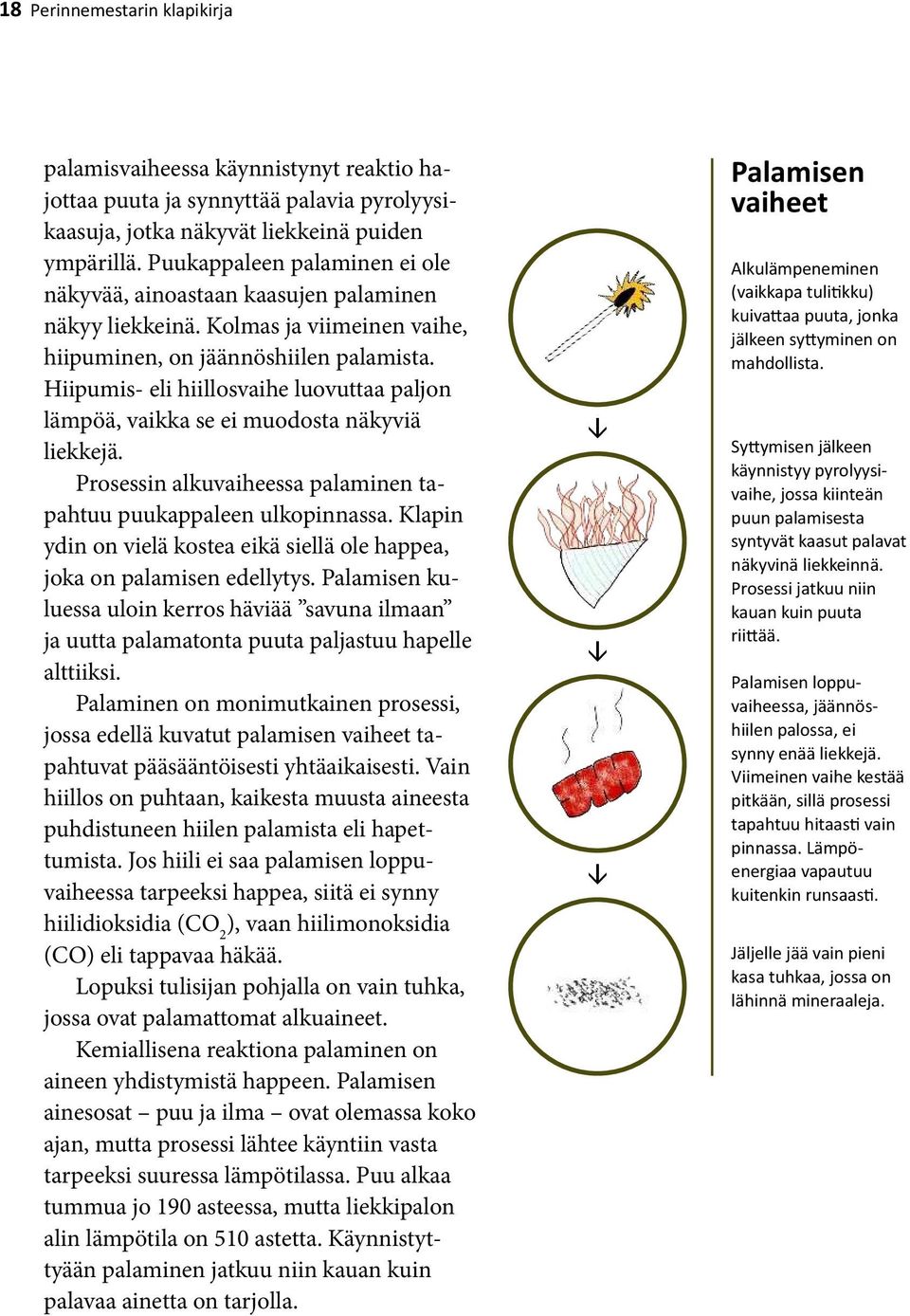 Hiipumis- eli hiillosvaihe luovuttaa paljon lämpöä, vaikka se ei muodosta näkyviä liekkejä. Prosessin alkuvaiheessa palaminen tapahtuu puukappaleen ulkopinnassa.