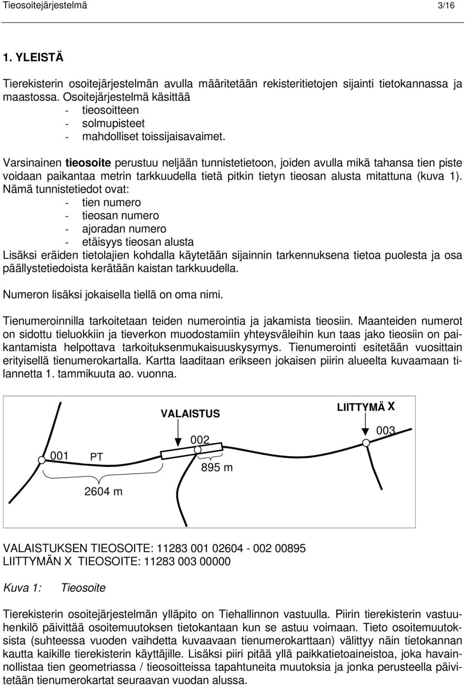 Varsinainen tieosoite perustuu neljään tunnistetietoon, joiden avulla mikä tahansa tien piste voidaan paikantaa metrin tarkkuudella tietä pitkin tietyn tieosan alusta mitattuna (kuva 1).