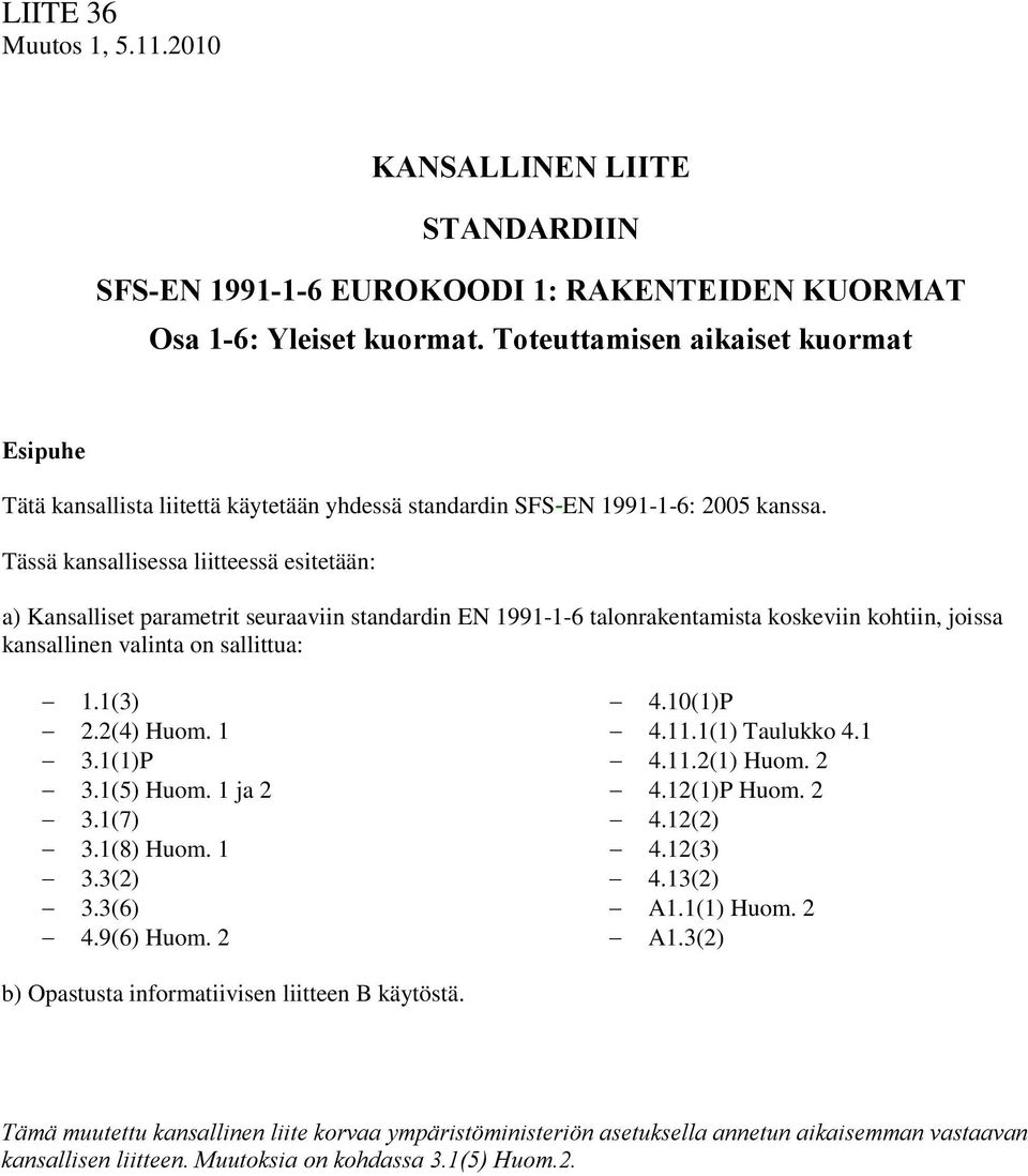 Tässä kansallisessa liitteessä esitetään: a) Kansalliset parametrit seuraaviin standardin EN 1991-1-6 talonrakentamista koskeviin kohtiin, joissa kansallinen valinta on sallittua: 1.1(3) 2.2(4) Huom.