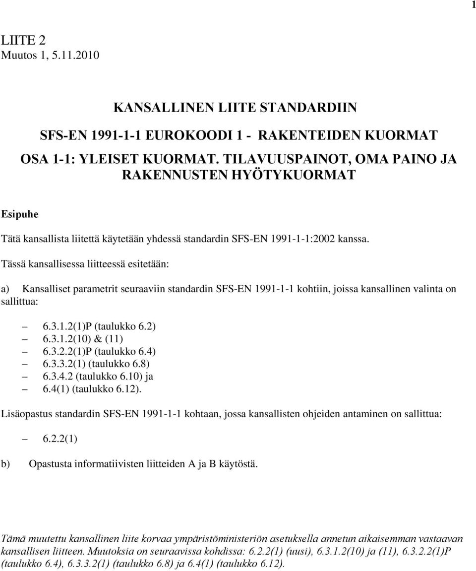 Tässä kansallisessa liitteessä esitetään: a) Kansalliset parametrit seuraaviin standardin SFS-EN 1991-1-1 kohtiin, joissa kansallinen valinta on sallittua: 6.3.1.2(1)P (taulukko 6.2) 6.3.1.2(10) & (11) 6.