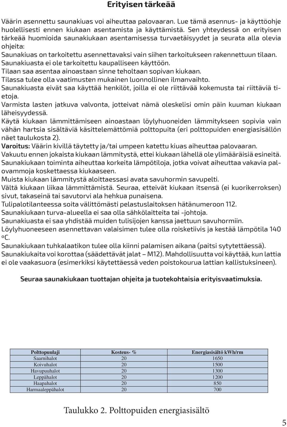 rakennettuun tilaan. Saunakiuasta ei ole tarkoitettu kaupalliseen käyttöön. Tilaan saa asentaa ainoastaan sinne teholtaan sopivan kiukaan.