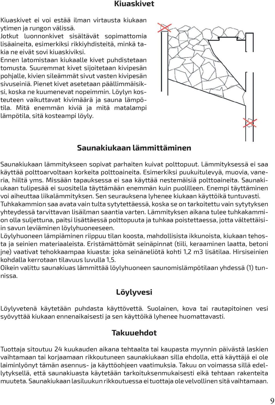 Suuremmat kivet sijoitetaan kivipesän pohjalle, kivien sileämmät sivut vasten kivipesän sivuseiniä. Pienet kivet asetetaan päällimmäisiksi, koska ne kuumenevat nopeimmin.