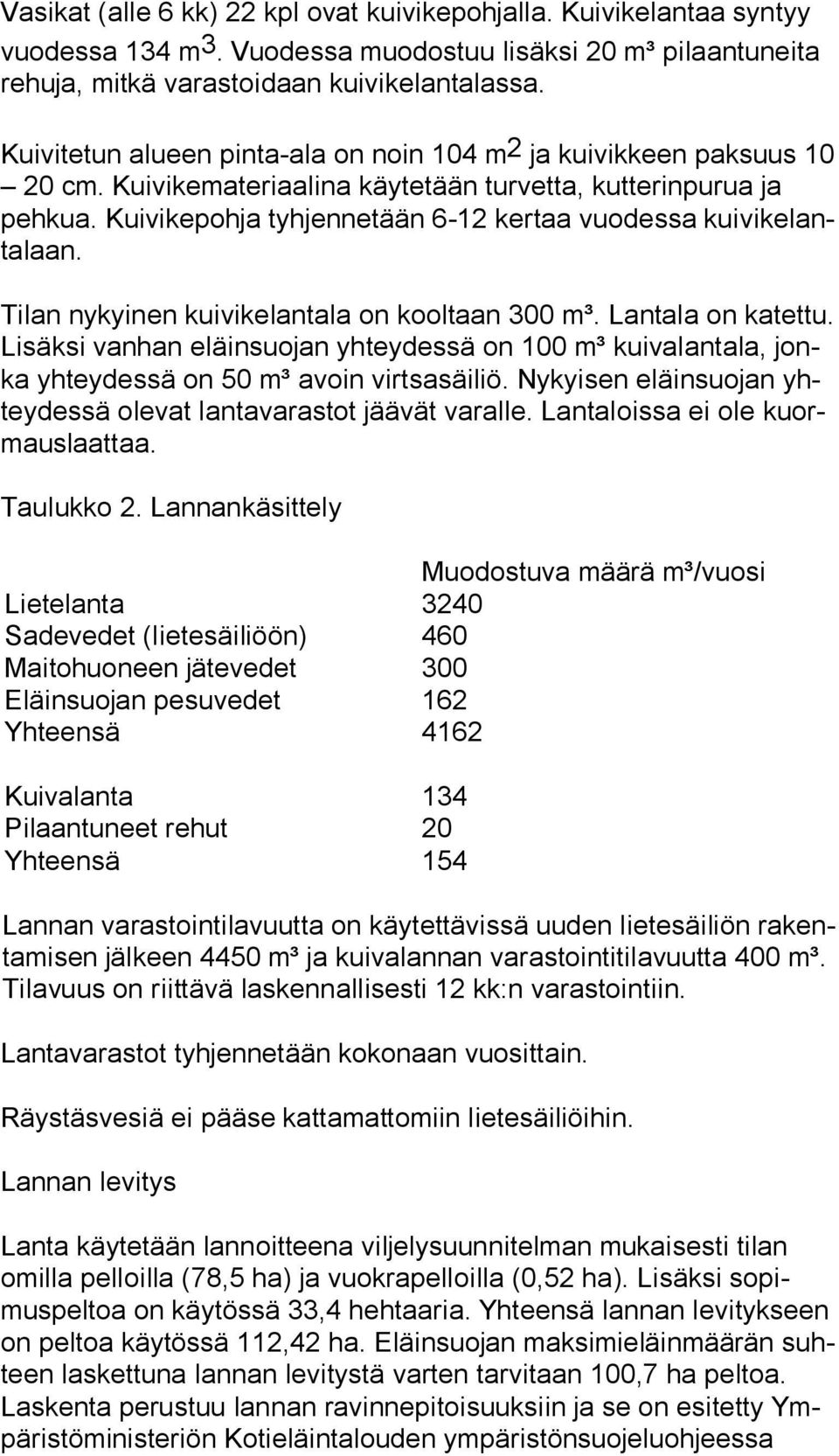 Kuivikepohja tyhjennetään 6-12 kertaa vuodessa kui vi ke lanta laan. Tilan nykyinen kuivikelantala on kooltaan 300 m³. Lantala on ka tet tu.