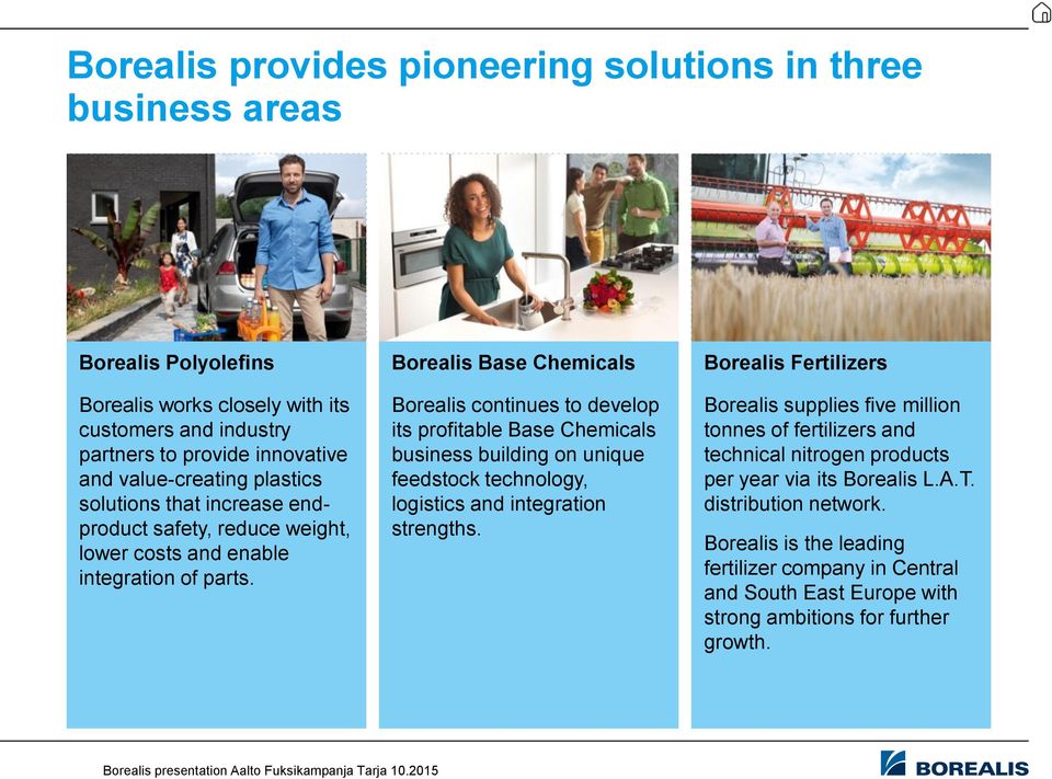 Borealis Base Chemicals Borealis continues to develop its profitable Base Chemicals business building on unique feedstock technology, logistics and integration strengths.