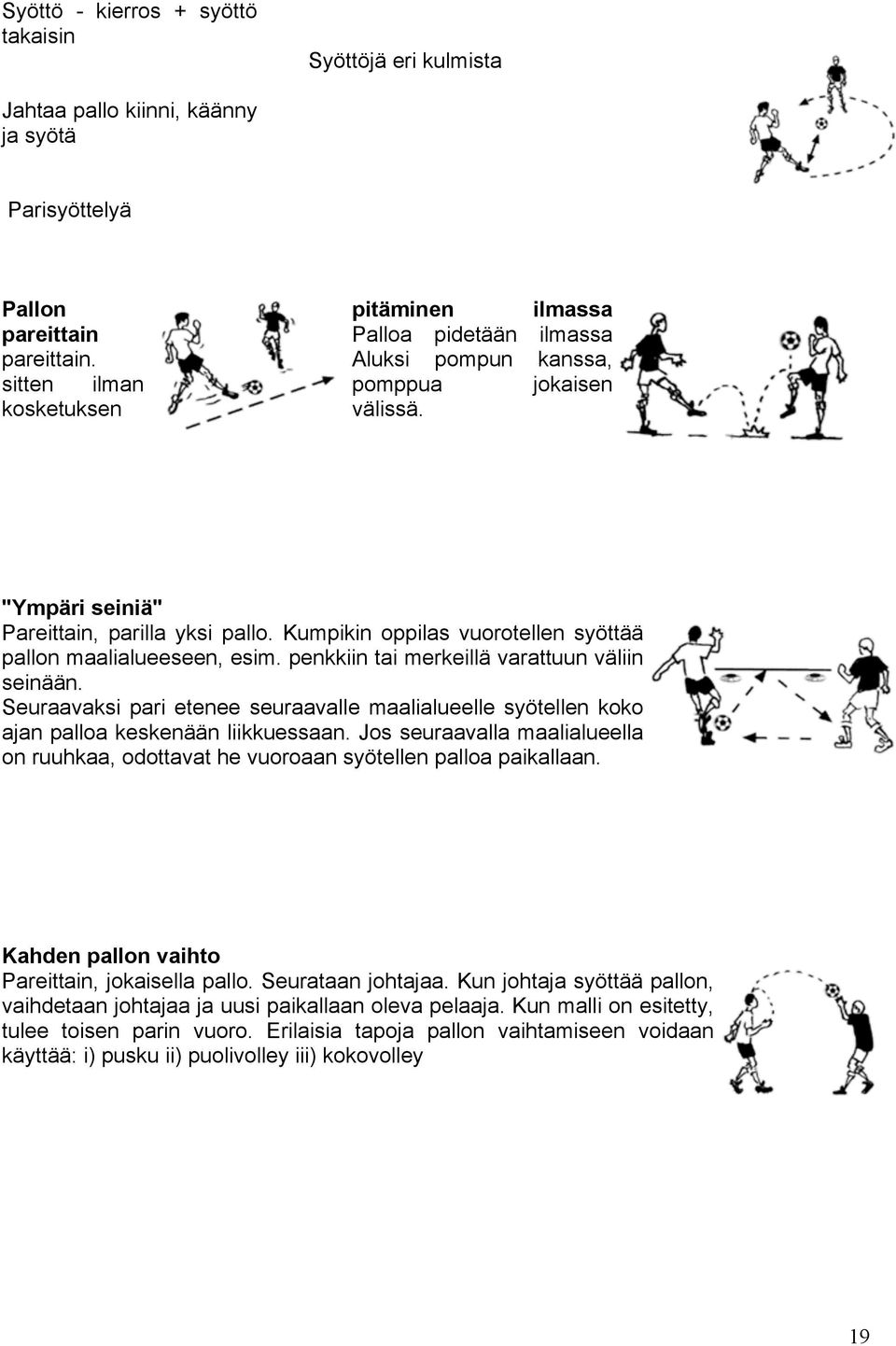 penkkiin tai merkeillä varattuun väliin seinään. Seuraavaksi pari etenee seuraavalle maalialueelle syötellen koko ajan palloa keskenään liikkuessaan.