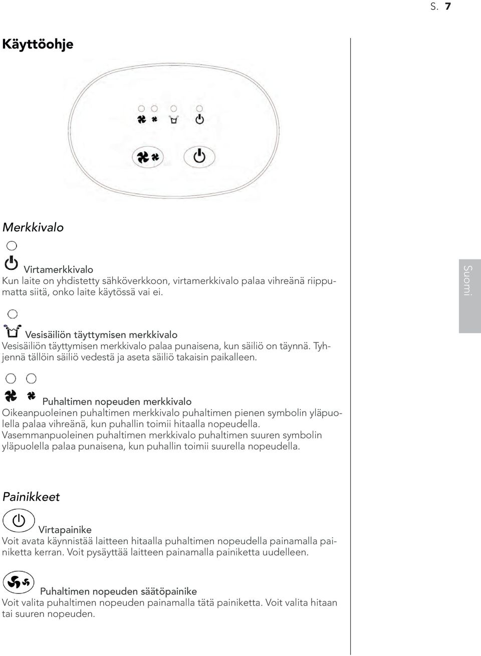 Puhaltimen nopeuden merkkivalo Oikeanpuoleinen puhaltimen merkkivalo puhaltimen pienen symbolin yläpuolella palaa vihreänä, kun puhallin toimii hitaalla nopeudella.