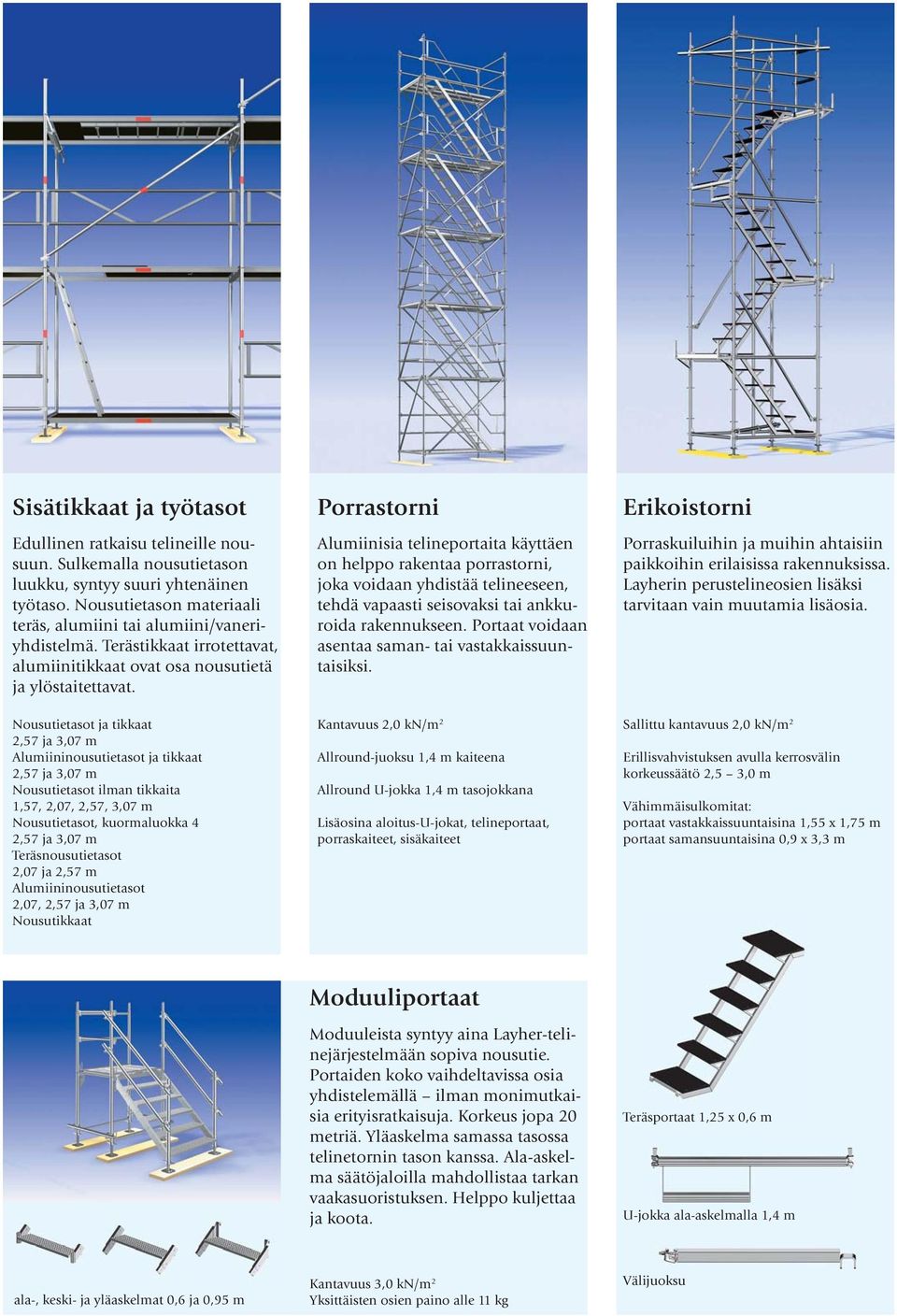 Nousutietasot ja tikkaat Alumiininousutietasot ja tikkaat Nousutietasot ilman tikkaita 1,57, 2,07, 2,57, 3,07 m Nousutietasot, kuormaluokka 4 Teräsnousutietasot 2,07 ja 2,57 m Alumiininousutietasot