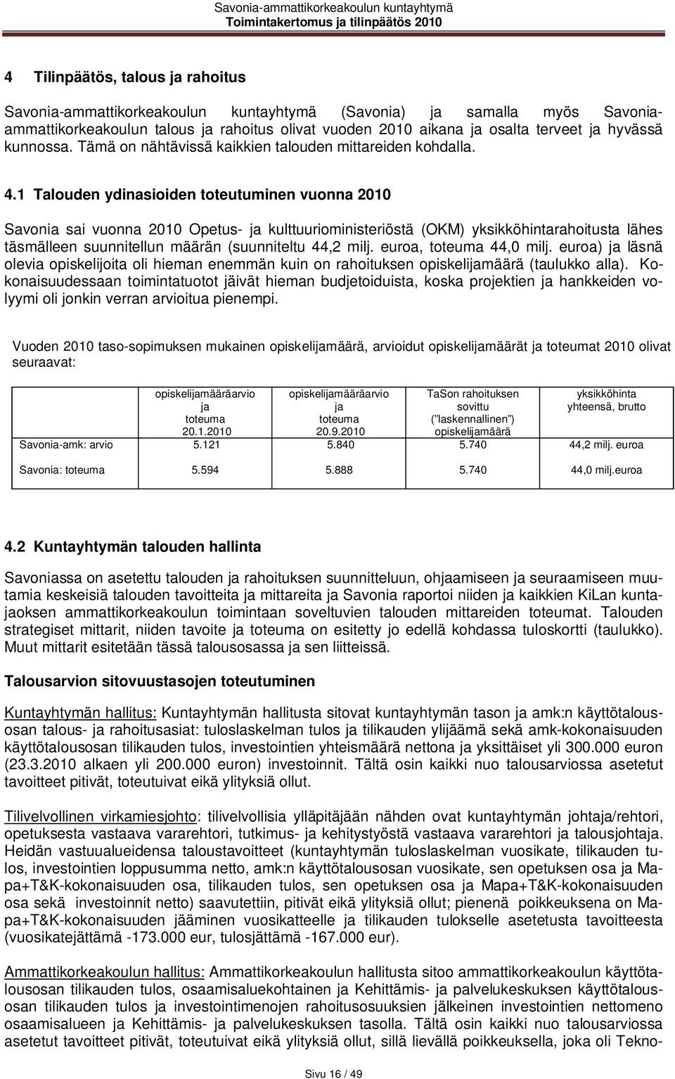 1 Talouden ydinasioiden toteutuminen vuonna 2010 Savonia sai vuonna 2010 Opetus- ja kulttuurioministeriöstä (OKM) yksikköhintarahoitusta lähes täsmälleen suunnitellun määrän (suunniteltu 44,2 milj.