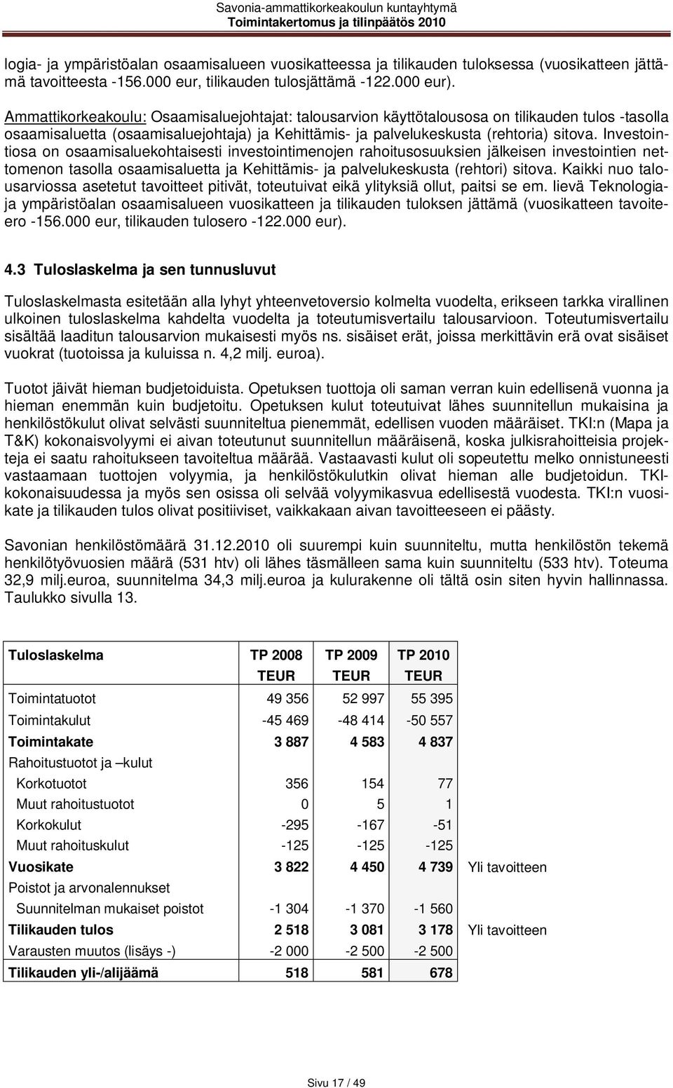 Investointiosa on osaamisaluekohtaisesti investointimenojen rahoitusosuuksien jälkeisen investointien nettomenon tasolla osaamisaluetta ja Kehittämis- ja palvelukeskusta (rehtori) sitova.