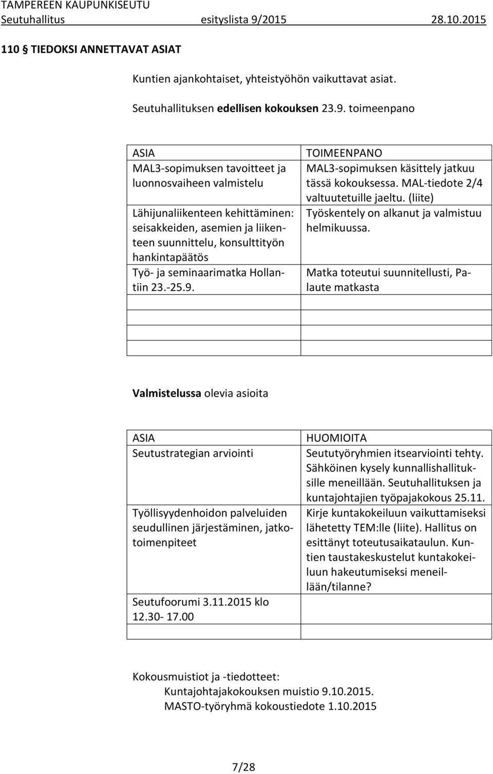 toimeenpano ASIA MAL3-sopimuksen tavoitteet ja luonnosvaiheen valmistelu Lähijunaliikenteen kehittäminen: seisakkeiden, asemien ja liikenteen suunnittelu, konsulttityön hankintapäätös Työ- ja