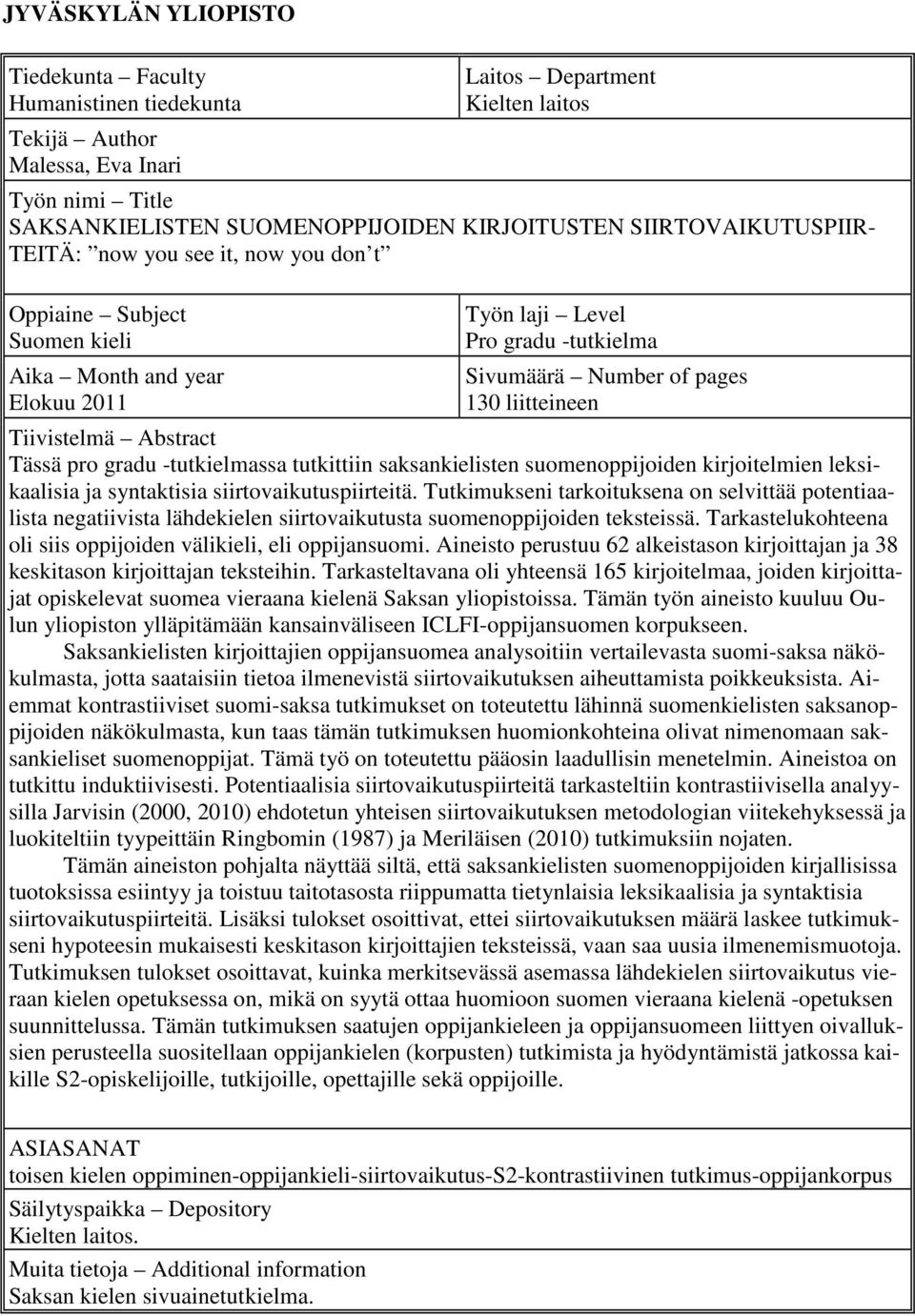 Tiivistelmä Abstract Tässä pro gradu -tutkielmassa tutkittiin saksankielisten suomenoppijoiden kirjoitelmien leksikaalisia ja syntaktisia siirtovaikutuspiirteitä.