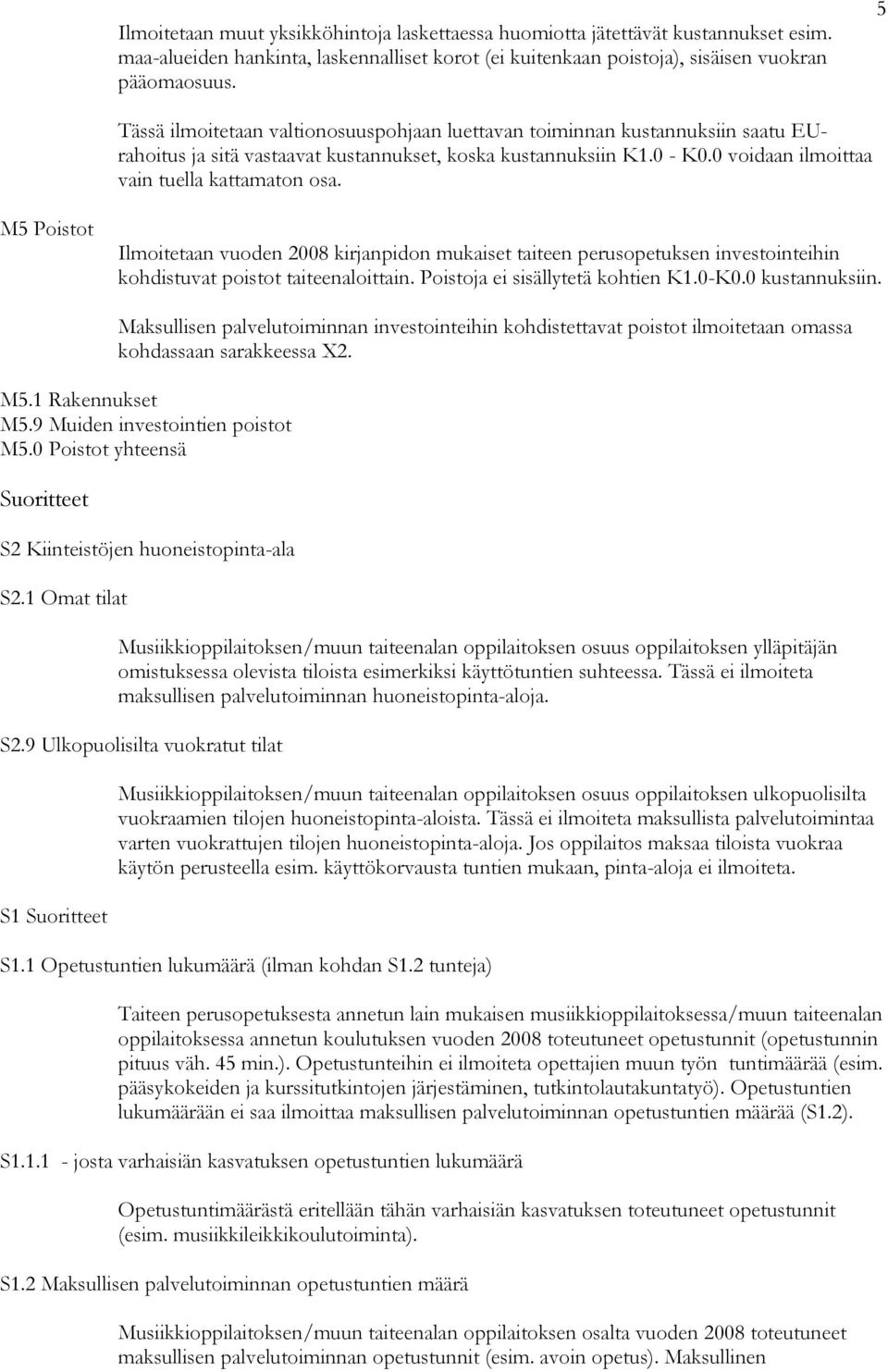 M5 Poistot Ilmoitetaan vuoden 2008 kirjanpidon mukaiset taiteen perusopetuksen investointeihin kohdistuvat poistot taiteenaloittain. Poistoja ei sisällytetä kohtien K1.0-K0.0 kustannuksiin.