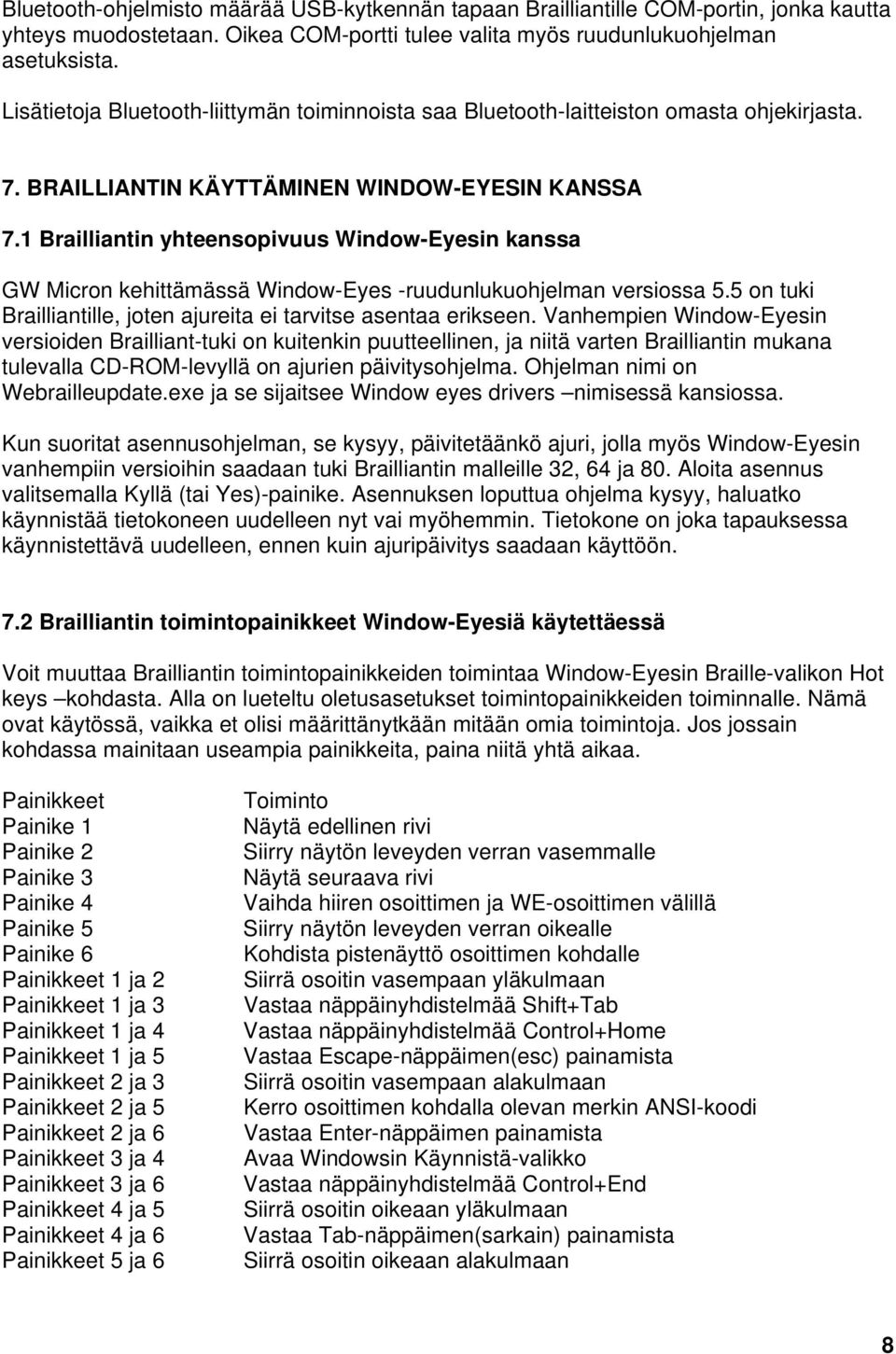 1 Brailliantin yhteensopivuus Window-Eyesin kanssa GW Micron kehittämässä Window-Eyes -ruudunlukuohjelman versiossa 5.5 on tuki Brailliantille, joten ajureita ei tarvitse asentaa erikseen.