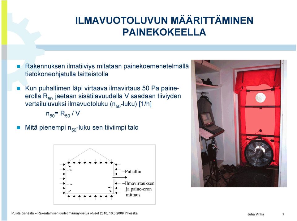 tiiviyden vertailuluvuksi ilmavuotoluku (n 50 -luku) [1/h] n 50 = R 50 / V Mitä pienempi n 50 -luku sen tiiviimpi talo