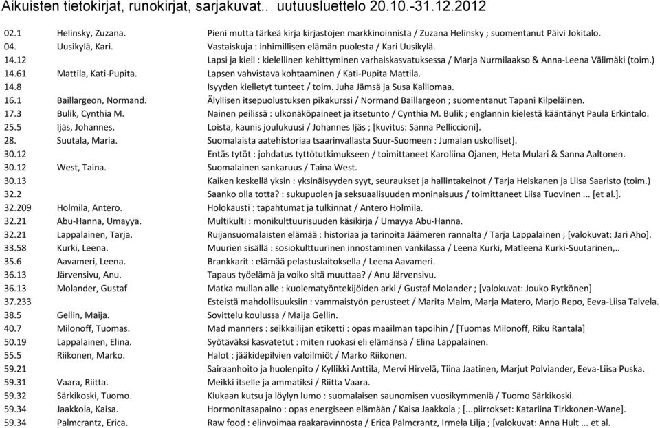 12 Lapsi ja kieli : kielellinen kehittyminen varhaiskasvatuksessa / Marja Nurmilaakso & Anna-Leena Välimäki (toim.) 14.61 Mattila, Kati-Pupita. Lapsen vahvistava kohtaaminen / Kati-Pupita Mattila. 14.8 Isyyden kielletyt tunteet / toim.