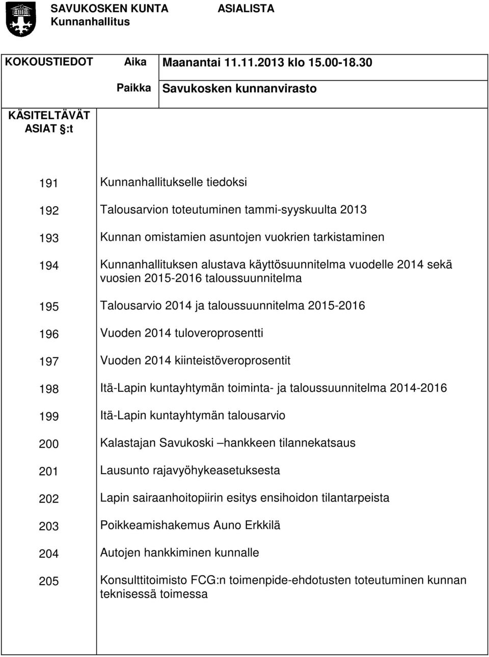 Kunnan omistamien asuntojen vuokrien tarkistaminen Kunnanhallituksen alustava käyttösuunnitelma vuodelle 2014 sekä vuosien 2015-2016 taloussuunnitelma Talousarvio 2014 ja taloussuunnitelma 2015-2016