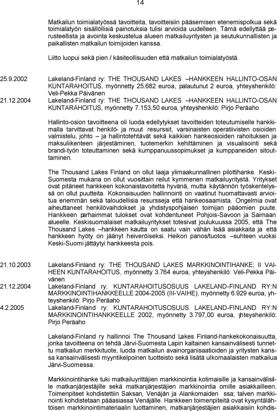 Liitto luopui sekä pien / käsiteollisuuden että matkailun toimialatyöstä. 25.9.2002 Lakeland-Finland ry: THE THOUSAND LAKES HANKKEEN HALLINTO-OSAN KUNTARAHOITUS, myönnetty 25.