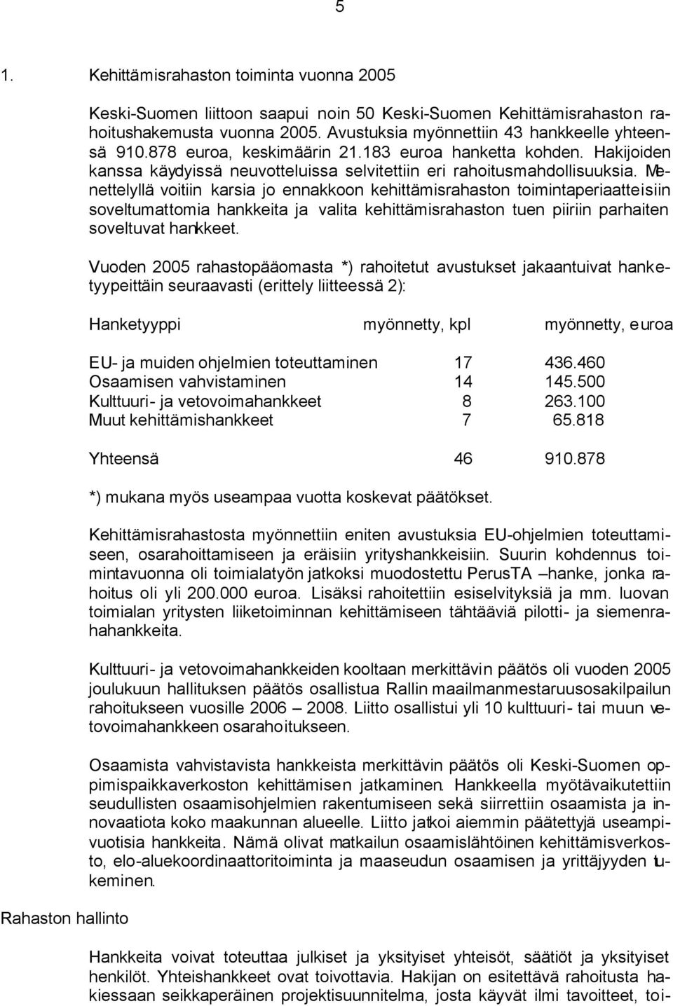 Menettelyllä voitiin karsia jo ennakkoon kehittämisrahaston toimintaperiaatteisiin soveltumattomia hankkeita ja valita kehittämisrahaston tuen piiriin parhaiten soveltuvat hankkeet.