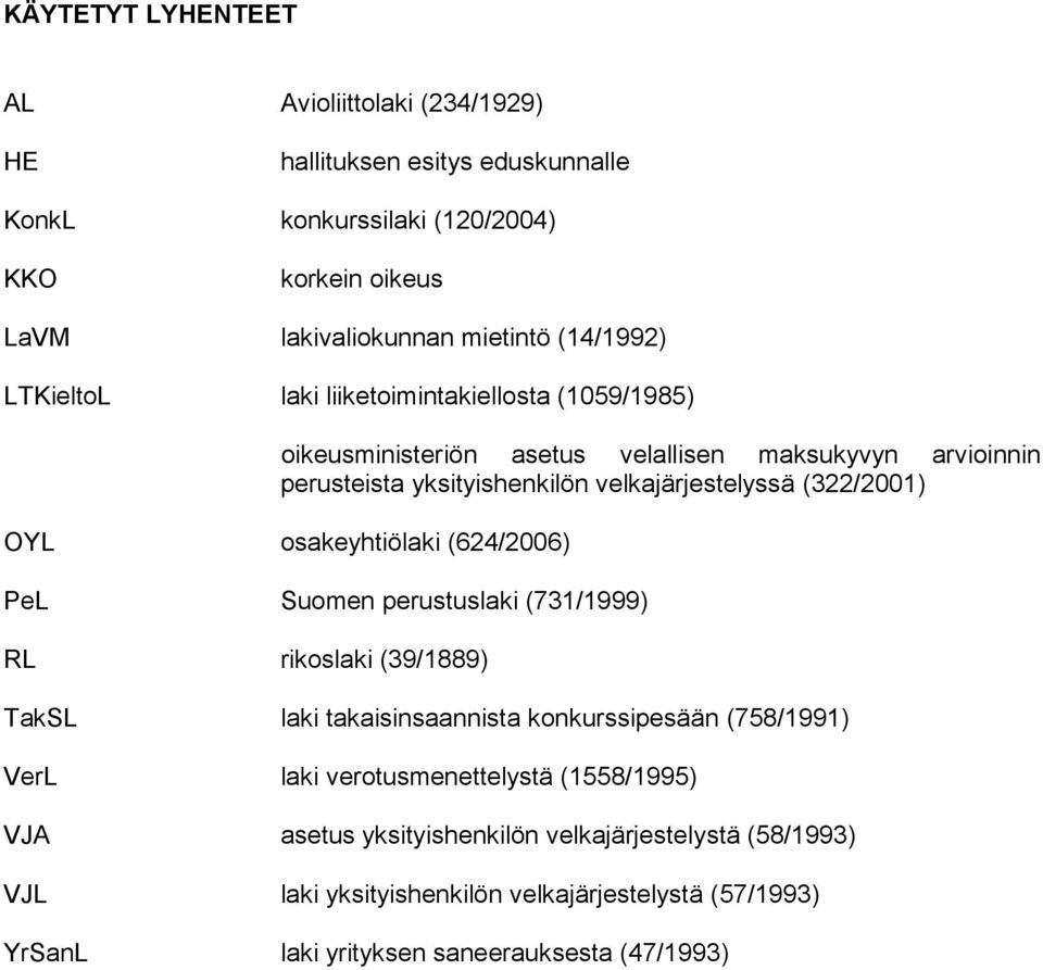 (322/2001) OYL osakeyhtiölaki (624/2006) PeL Suomen perustuslaki (731/1999) RL rikoslaki (39/1889) TakSL laki takaisinsaannista konkurssipesään (758/1991) VerL laki