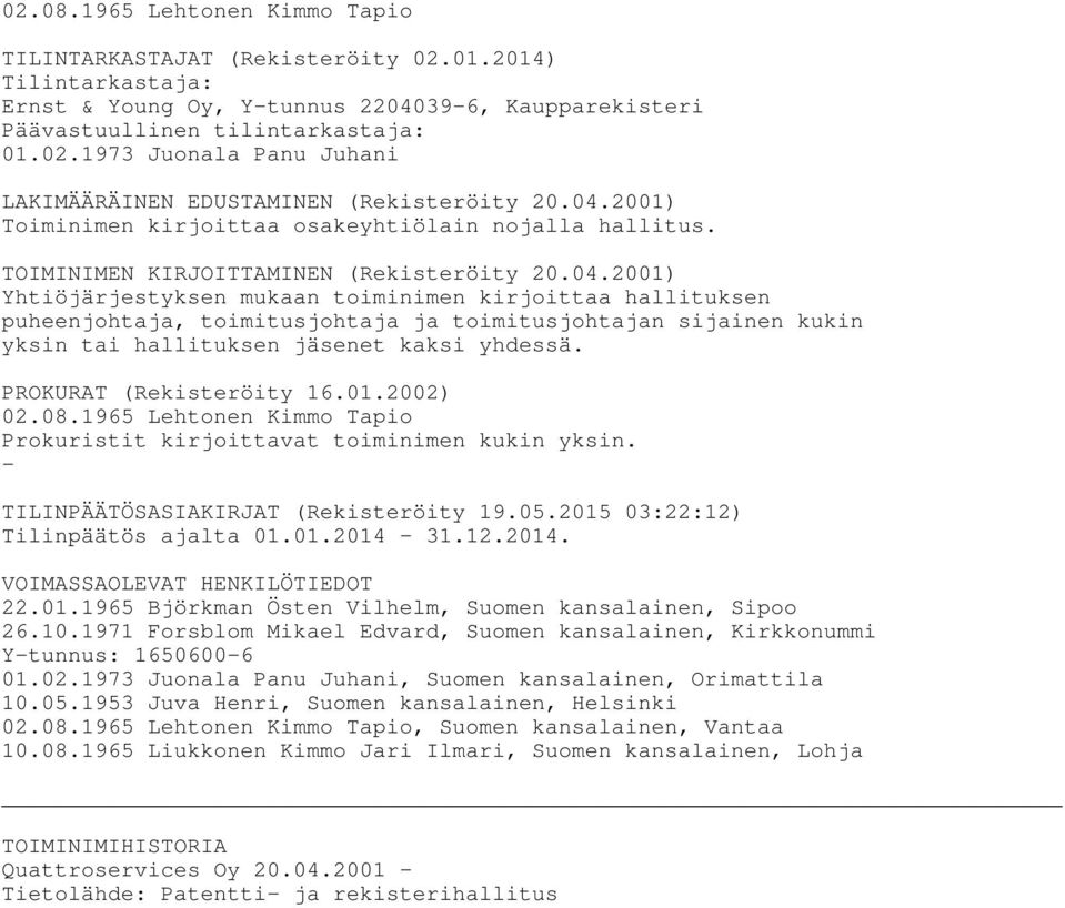 PROKURAT (Rekisteröity 16.01.2002) 02.08.1965 Lehtonen Kimmo Tapio Prokuristit kirjoittavat toiminimen kukin yksin. - TILINPÄÄTÖSASIAKIRJAT (Rekisteröity 19.05.2015 03:22:12) Tilinpäätös ajalta 01.01.2014-31.