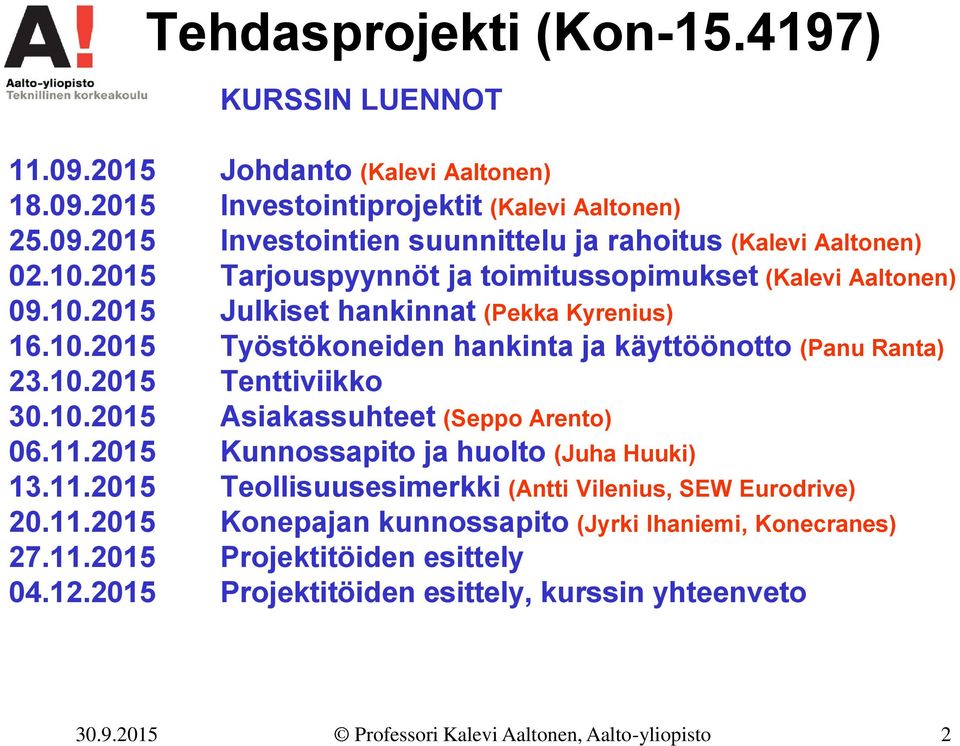 10.2015 Asiakassuhteet (Seppo Arento) 06.11.2015 Kunnossapito ja huolto (Juha Huuki) 13.11.2015 Teollisuusesimerkki (Antti Vilenius, SEW Eurodrive) 20.11.2015 Konepajan kunnossapito (Jyrki Ihaniemi, Konecranes) 27.