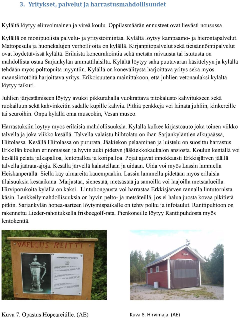 Erilaista koneurakointia sekä metsän raivausta tai istutusta on mahdollista ostaa Sarjankylän ammattilaisilta. Kylältä löytyy saha puutavaran käsittelyyn ja kylällä tehdään myös polttopuita myyntiin.