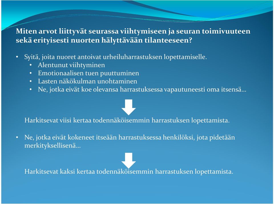 Alentunut viihtyminen Emotionaalisen tuen puuttuminen Lasten näkökulman unohtaminen Ne, jotka eivät koe olevansa harrastuksessa vapautuneesti